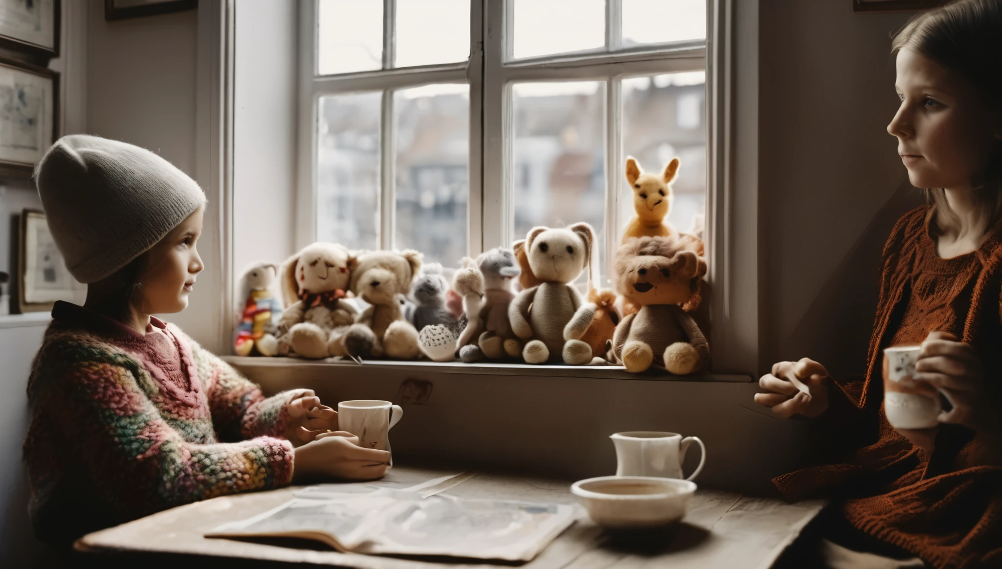 cinematic photo style by Henri Cartier-Bresson, 1 girl, , crochetes knitted toys while sitting in a chair, a 50-year-old woman sits with her, smiling., Group portrait, against the background of a white wall of children&#39;s drawings and a window, on a wooden table there is one white mug full of tea, books, film, bokeh, professional, 4k, highly detailed,