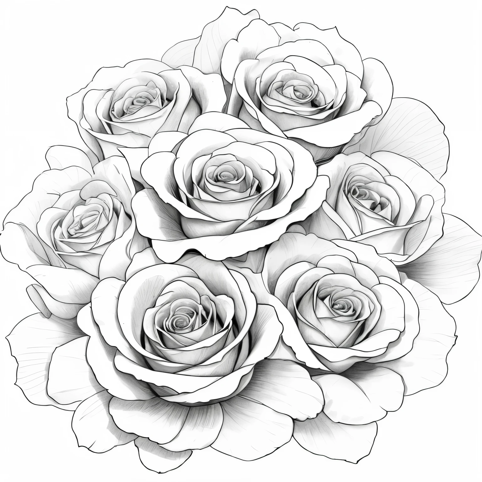 a drawing of a bunch of roses with a white background, detailed flowers, black and white color only, detailed but rough, line drawing tattoos, highly detailed linework, flowers with intricate detail, ultra - realistic and intricate, outline art, highly detailed sketch, coloring book outline, perfect pen and ink line art, highly detailed and hypnotic, black and white detailed sketch