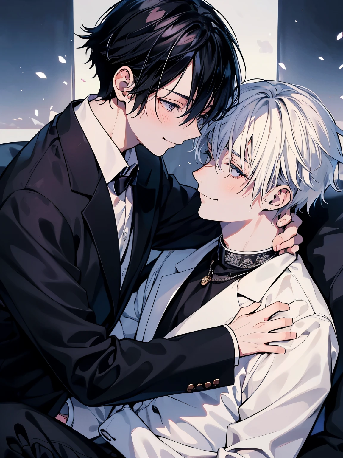 (muste piece), (best quality), very detailed, ((two men intimate)), perfect face, beautiful face, very detailed顔，(black haired man:1.3)，(white haired man:1.3)，suit，shirt，smile