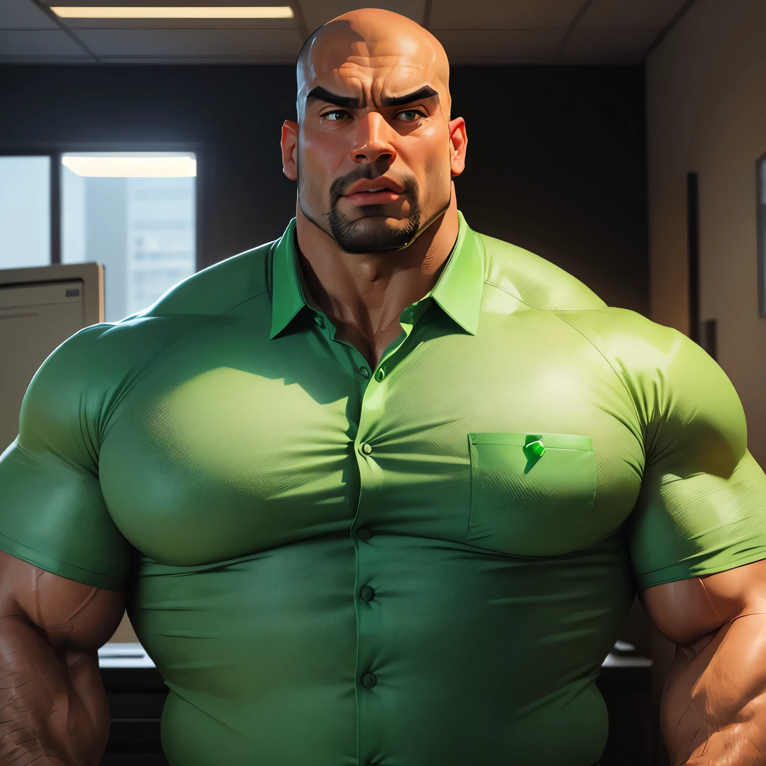 an exaggeratedly muscular and large bald bodyguard, beefy build, mixed race, surprised expression, (wearing green business casual shirt: 1.2), name tag, (bara pecs: 1.3), (arm and chest hair: 1.1), close-up portrait HD, bright corporate office with large windows