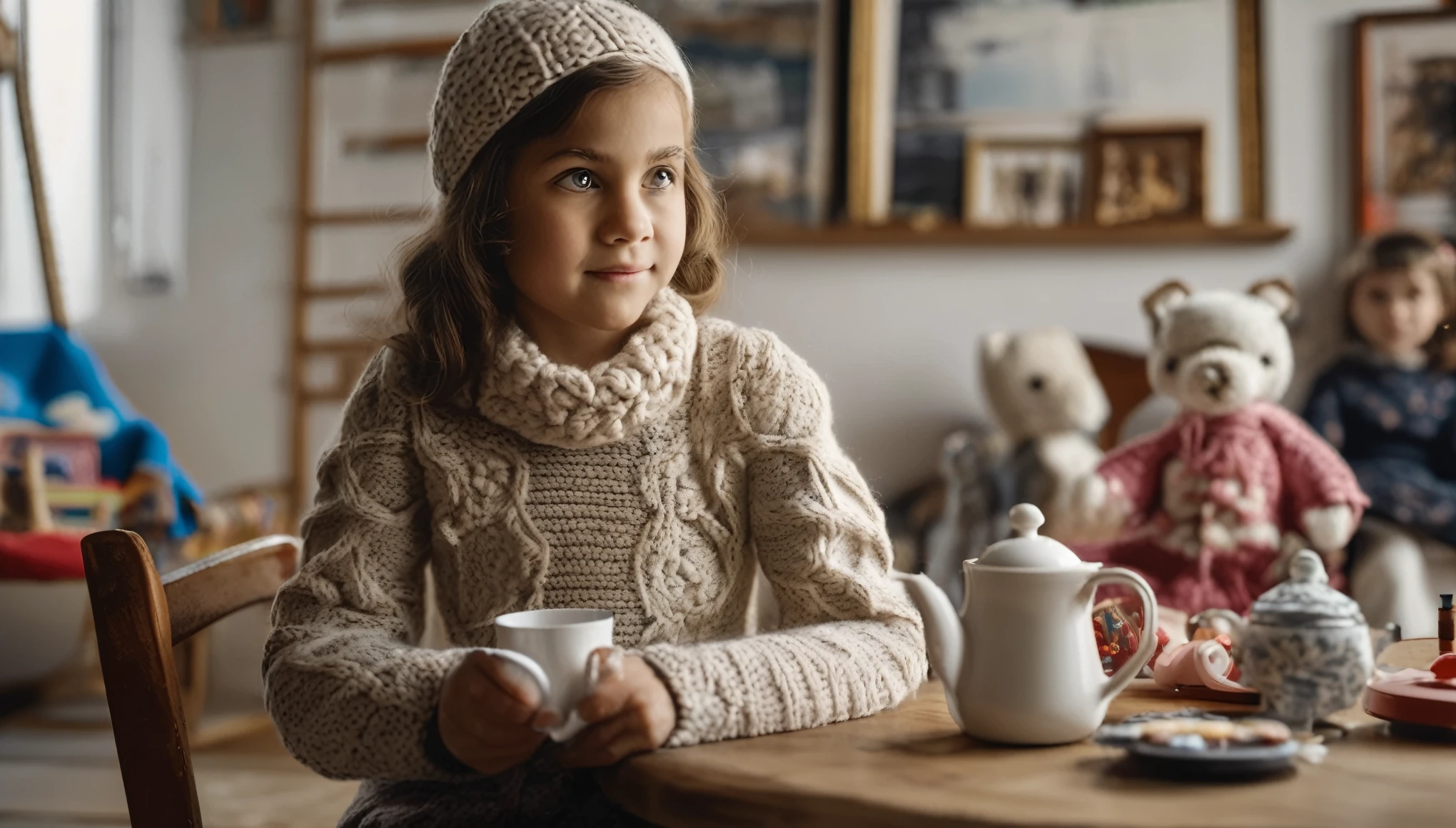cinematic photo style by Henri Cartier-Bresson, 1 girl crochetes knitted toys while sitting in a chair, my 50 year old mother is sitting next to me, portrait, against the background of a white wall of children's drawings and a window, on a wooden table there is one white mug full of tea, books, film, bokeh, professional, 4k, highly detailed,