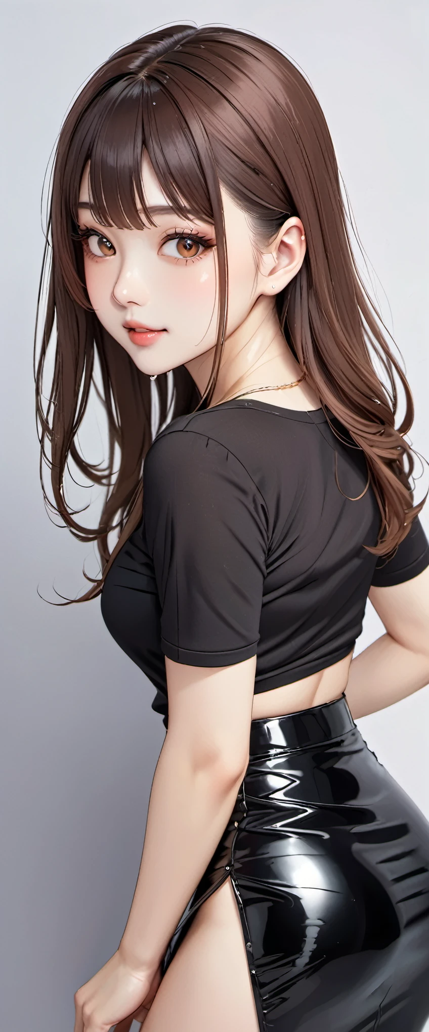 (masterpiece,highest quality,超A high resolution),japanese woman, (((Very beautiful 25 year old girl))), pretty girl、look at the photographer、 (()), super cute face, glossy lips, double eyelids in both eyes,natural smile、 natural makeup, long eyelashes, Shiny and smooth hair、center image, perfect limbs, perfect anatomy,(((Tight Skirt)))、(((turn around and look back)),wet with sweat,