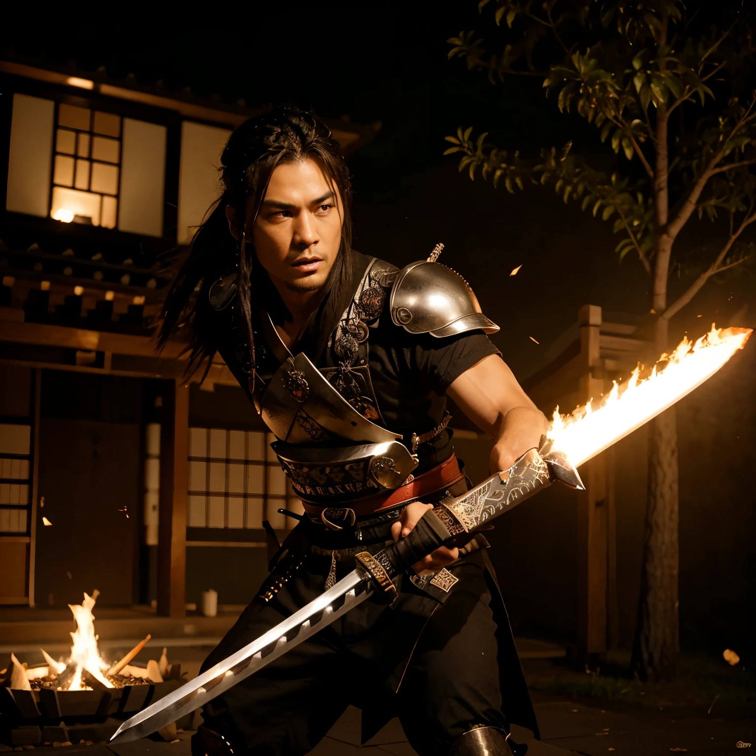 samurai com uma espada de fogo que o poder dele e dominar toda a arma que ele pega e o poder de controlar o