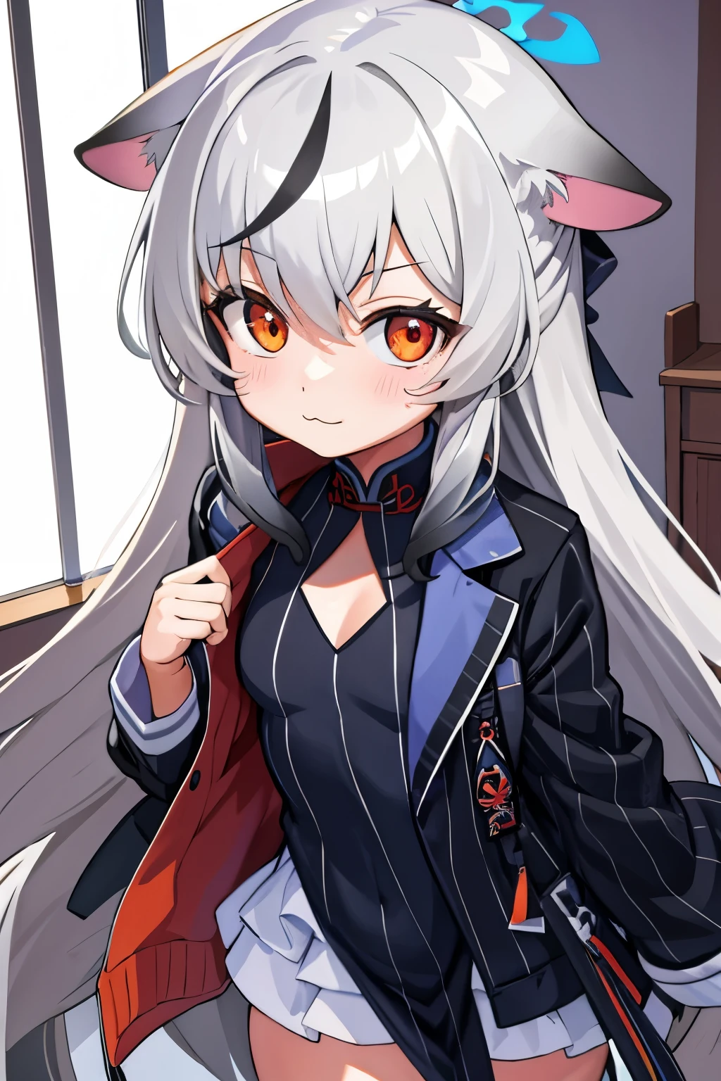 tmasterpiece, best qualtiy, ultra - detailed, 1girll,Gray hair Kokona, inside in room, Orange eye, :3,the face, closeup cleavage, Winter suit, winter wonder