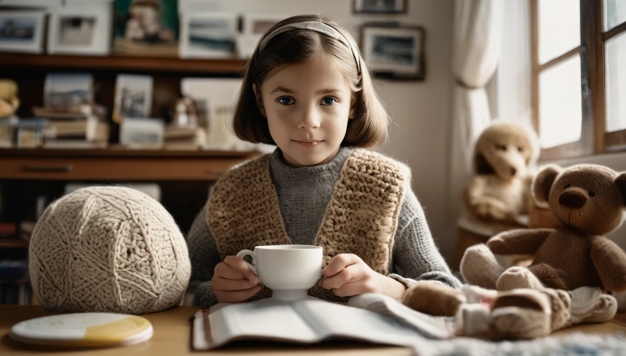 cinematic photo style by Henri Cartier-Bresson, 1 girl  crochetes knitted toys while sitting in a chair, my 50 year old mother is sitting next to me,  portrait, against the background of a white wall of children&#39;s drawings and a window, on a wooden table there is one white mug full of tea, books, film, bokeh, professional, 4k, highly detailed,