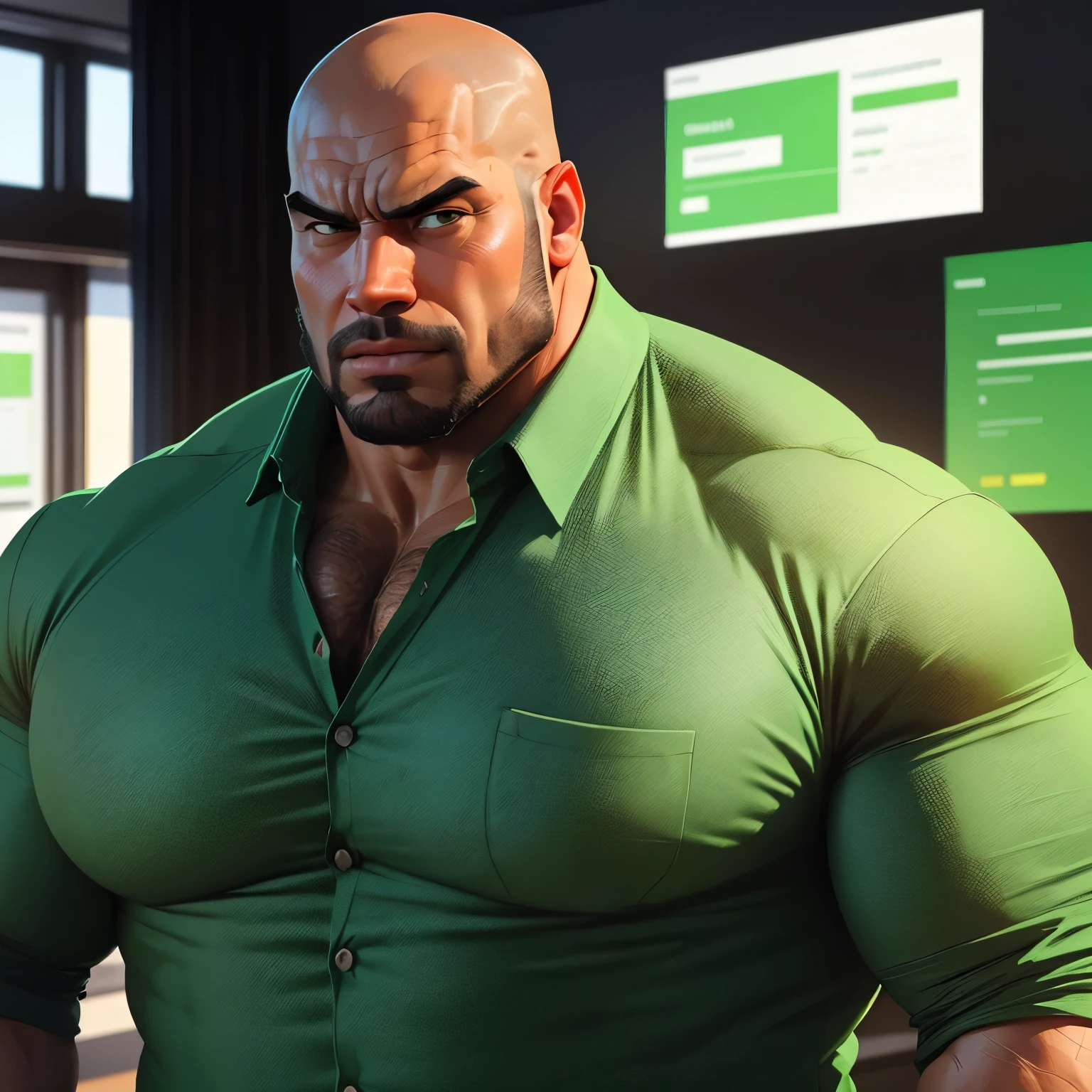an exaggeratedly muscular and large bald bodyguard, beefy build, mixed race, surprised expression, (wearing green business casual shirt: 1.2), name tag, (bara pecs: 1.3), (arm and chest hair: 1.1), close-up portrait HD, bright corporate office with large windows