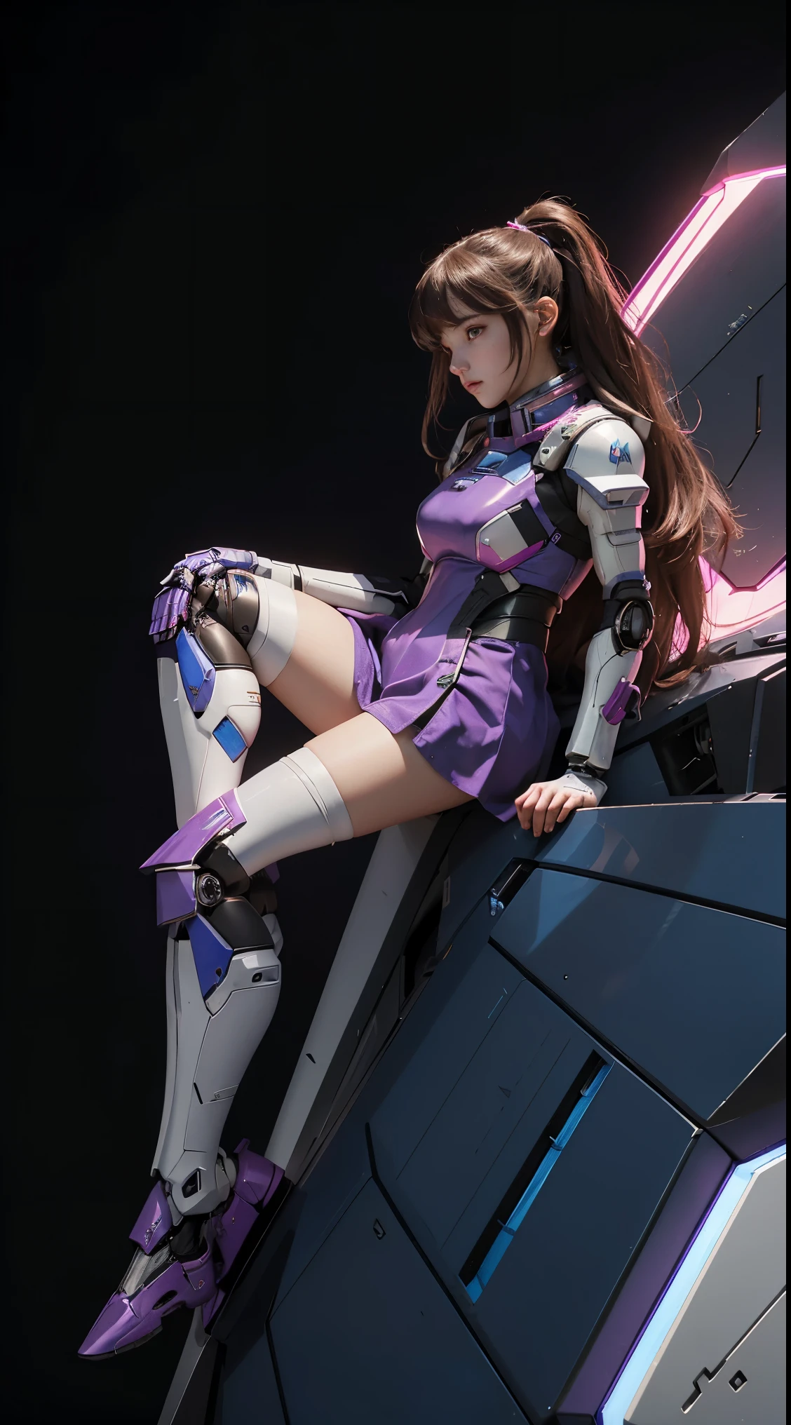 RAW, Masterpiece, Ultra Fine Photo,, Best Quality, Ultra High Resolution, Photorealistic, Sunlight, Full Body Portrait, Stunningly Beautiful,, Dynamic Poses, Delicate Face, Vibrant Eyes, (Side View) a close up of a woman in a pink and white gundam custume, dybamic pose, long brown very very long hair rapunzel, girl in mecha cyber armor, portrait armored astronaut girl, d. va from overwatch, female mecha, on a gundam, gundam head, chiho aoshima color scheme, mobile suit, streamlined purple armor, fully robotic!! girl, realistic cosplay, gundam armor (dynamic pose) (best cameraview), full body