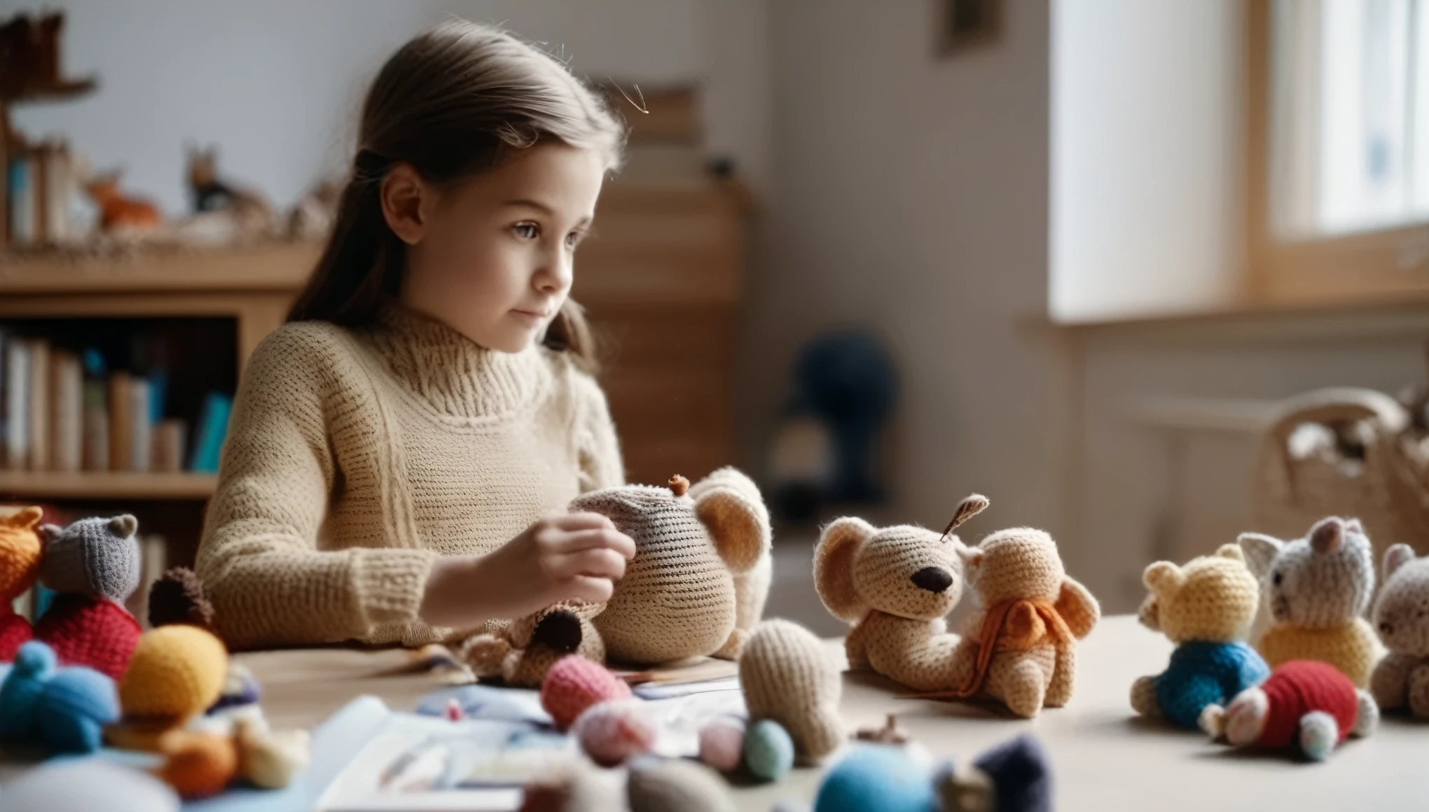 cinematic photo style by Henri Cartier-Bresson, 1 fourteen-year-old girl crochetes knitted toys while sitting in a chair, portrait, against the background of a white wall of children&#39;s drawings and a window, on a wooden table there is one white mug full of tea, books, film, bokeh, professional, 4k, highly detailed,