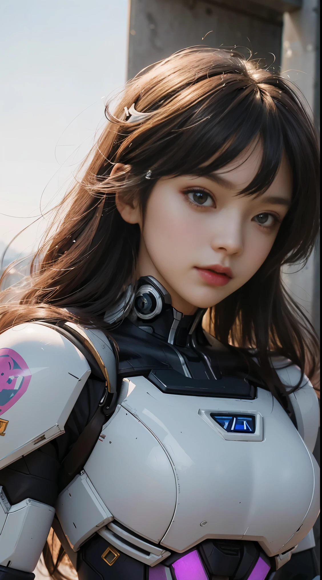 RAW, Masterpiece, Ultra Fine Photo,, Best Quality, Ultra High Resolution, Photorealistic, Sunlight, Full Body Portrait, Stunningly Beautiful,, Dynamic Poses, Delicate Face, Vibrant Eyes, (Side View) a close up of a woman in a pink and white gundam custume, dybamic pose, long brown very very long hair rapunzel, girl in mecha cyber armor, portrait armored astronaut girl, d. va from overwatch, female mecha, on a gundam, gundam head, chiho aoshima color scheme, mobile suit, streamlined purple armor, fully robotic!! girl, realistic cosplay, gundam armor (dynamic pose) (best cameraview), full body