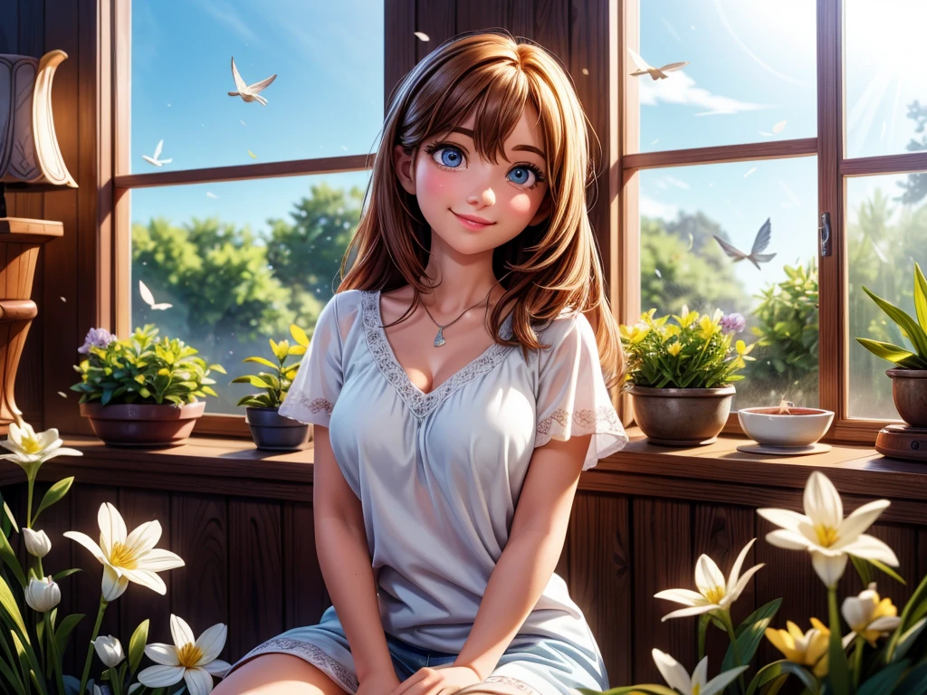 (best quality,4k,highres:1.2),bright morning sunlight streaming through the window,carefully opening the curtains, beautiful detailed eyes, mesmerizing gaze, long fluttering eyelashes, delightful smile, delicate rosy lips, flowing hair, peaceful and serene atmosphere, blooming flowers in the garden, freshly cut grass, chirping birds, gentle breeze, morning dew, vibrant colors, soft and warm lighting