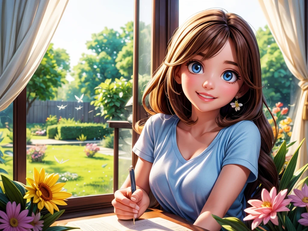 (best quality,4k,highres:1.2),bright morning sunlight streaming through the window,carefully opening the curtains, beautiful detailed eyes, mesmerizing gaze, long fluttering eyelashes, delightful smile, delicate rosy lips, flowing hair, peaceful and serene atmosphere, blooming flowers in the garden, freshly cut grass, chirping birds, gentle breeze, morning dew, vibrant colors, soft and warm lighting