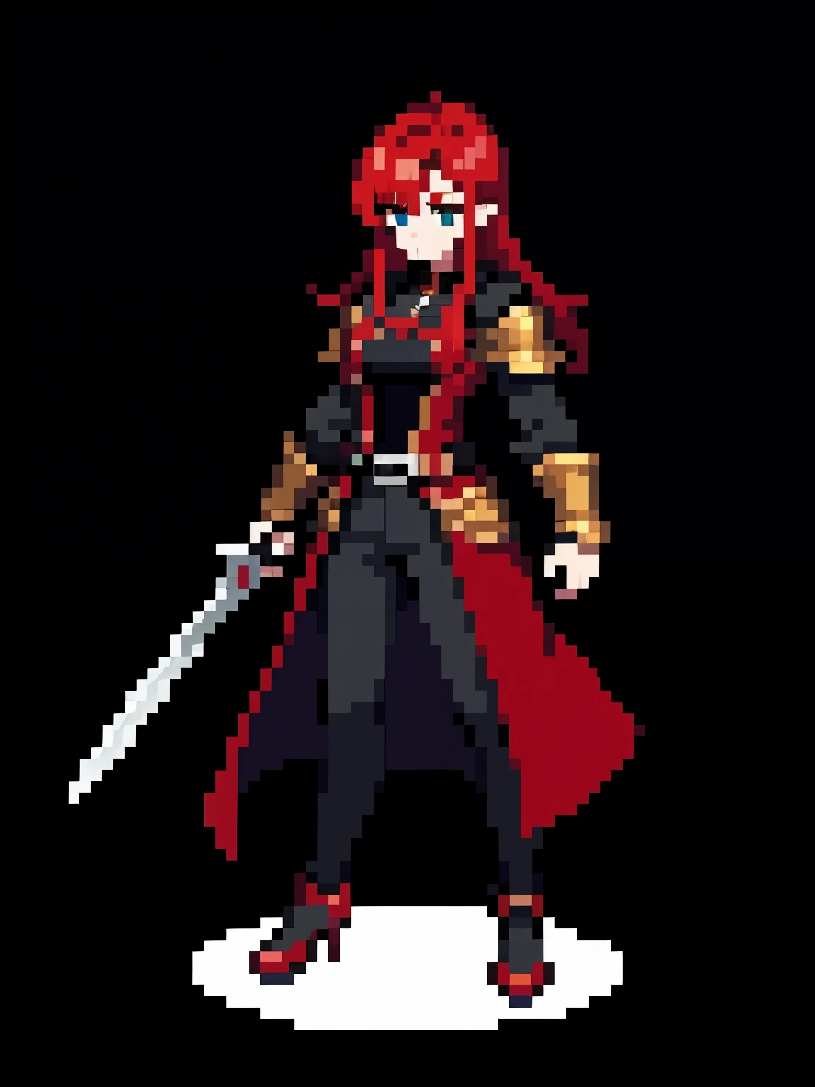 Medieval warrior girl with red hair black pants black overcoat red shoes full body pixel