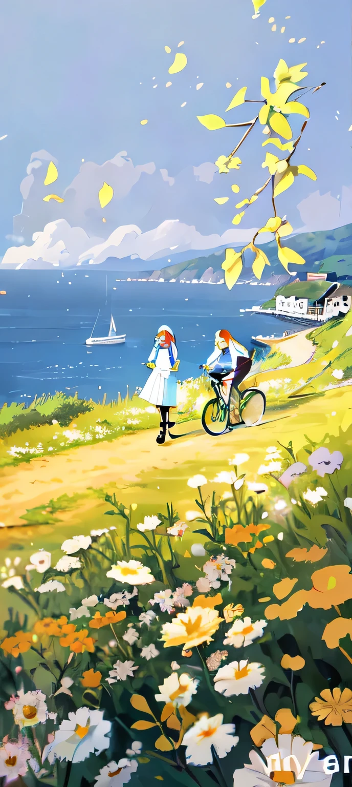 (best quality,8k,anime,manga,beautiful peaceful scene,outdoor scene,scenic landscape),a woman riding a bicycle on a hill,house by the seaside