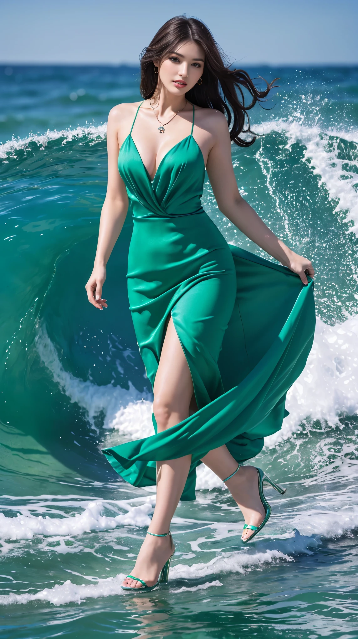 highest quality,masterpiece,ultra high resolution,(actual:1.4),original photo,ultra high resolution,8K,there is a woman,Fair skin,exquisite makeup,big waves,blue-green dress with open neckline:1.2,high heels,long legs,bright and beautiful,sexy random poses,Lively poses,slender woman:1.5,