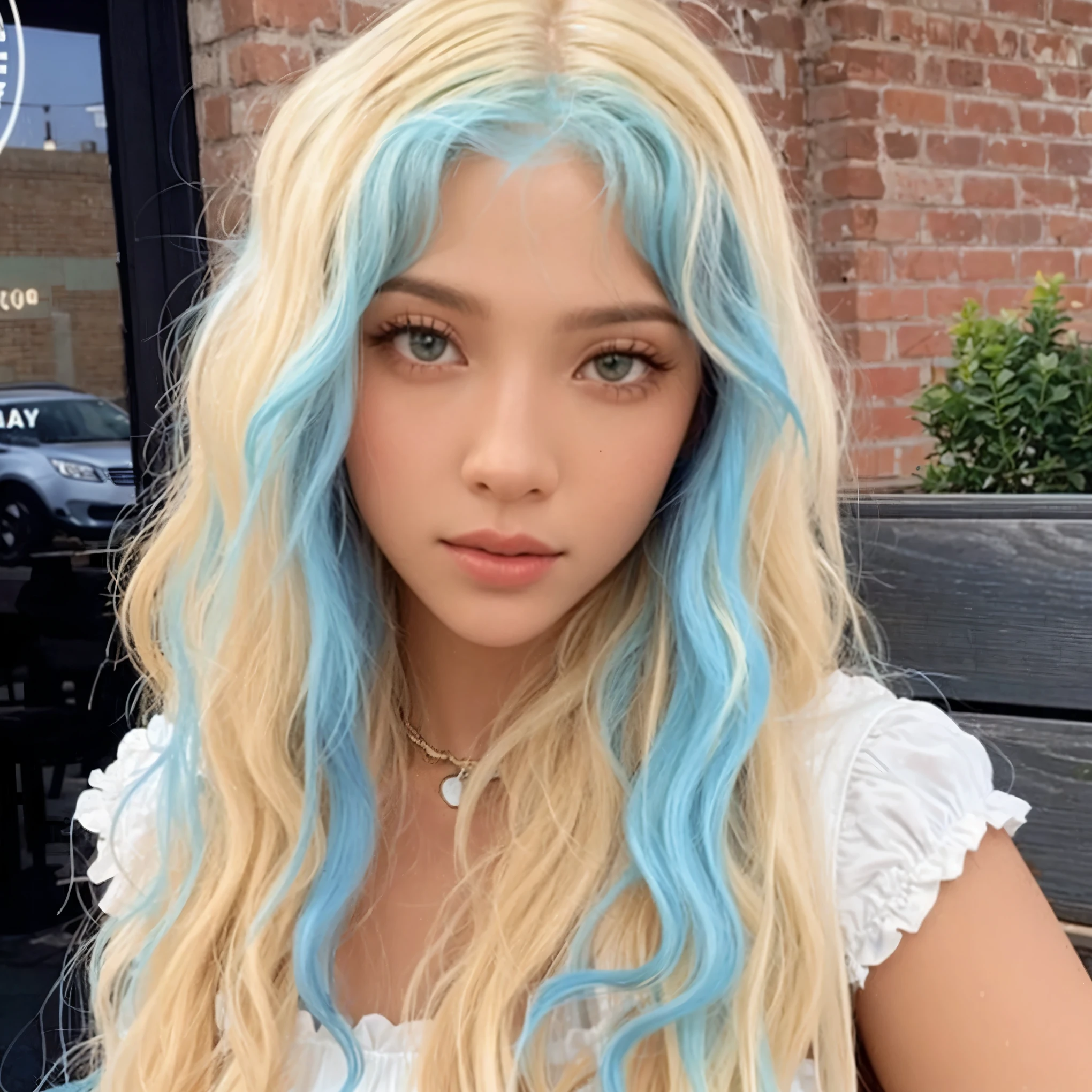um close de uma mulher com longos cabelos loiros e cabelos azuis, com longos cabelos turquesa, long hair with pastel colors, mechas azul celeste no cabelo, Cabelo azul claro, mechas de cabelo coloridas brilhantes, Cabelo azul celeste, cabelo azul celeste muito longo e ondulado, com cabelo azul, cabelo tingido, cabelo liso azul celeste, straight Cabelo azul celeste, mechas de cabelo coloridas brilhantes