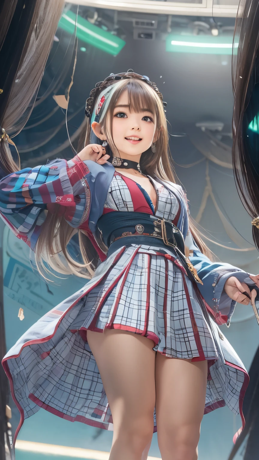 idol uniform , mic , stage , master piece , best quality , detailed , bangs , woman ,flat chest, smile
