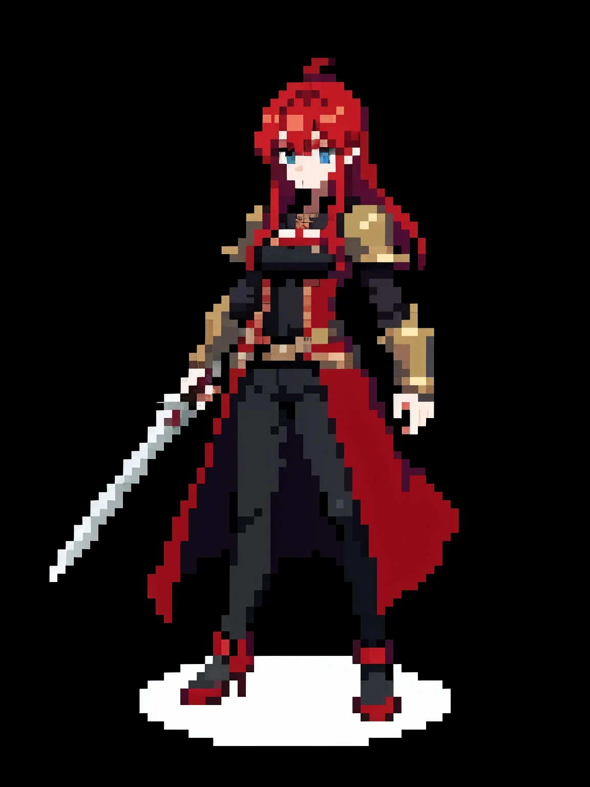 Medieval warrior girl with red hair black pants black overcoat red shoes full body pixel. Fundo totalmente branco