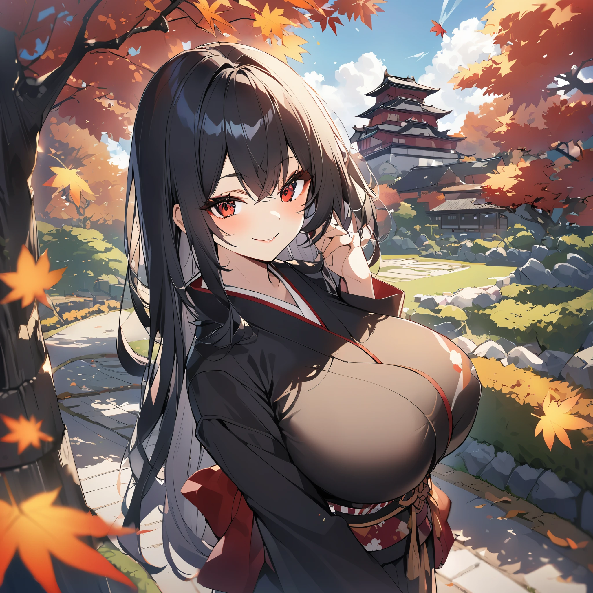 A woman with long black hair, red eyes, cute face, wearing a black kimono with red details, big breast, in a Japanese garden with autumn weather, Japanese castle behind, smiling.