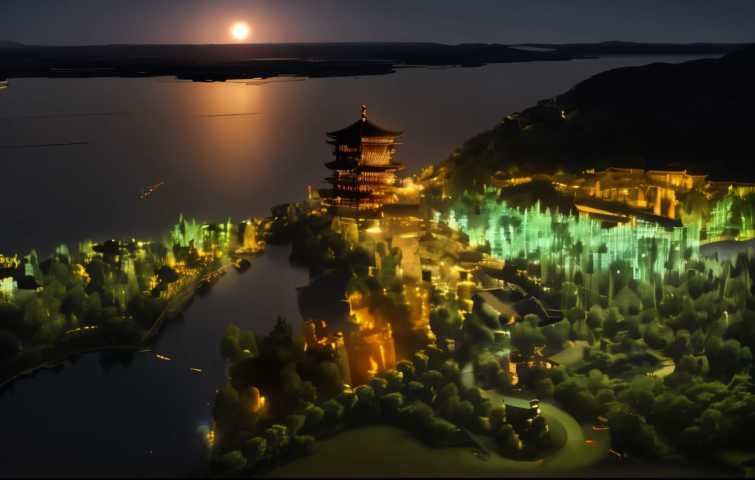 night view,Chinese Tower,There are steps in front of the tower,Tang Dynasty,brightly lit,A bright moon in the distance,romantic,High precision,Rich in details,lantern,There are boats and lights on the lake,Kongming lantern,Grass dragon dance,Immersive spaces,Chinese Jianghu Culture and Poetry Culture,Several tourists were among them,