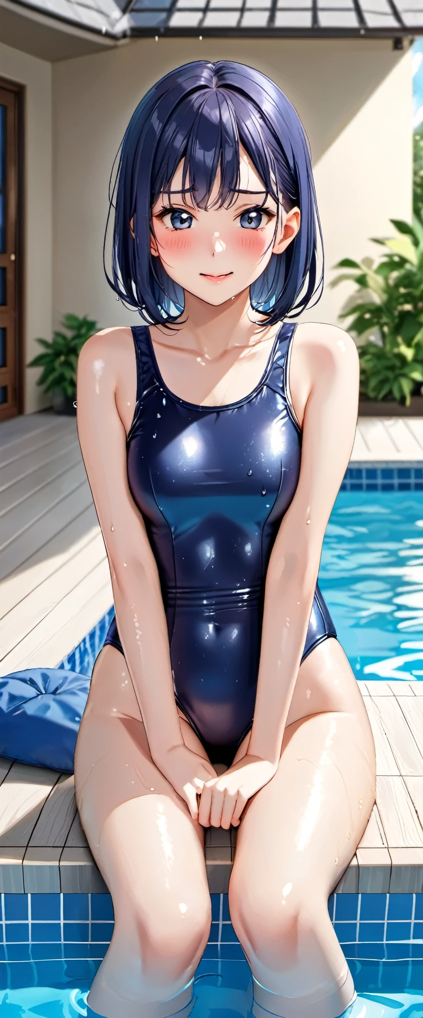 High resolution, woman , good lighting, despicable, , (No nudity), (((Dark blue shiny school swimsuit))), pool, cute face, I'm embarrassed and blush, humiliating, ((足を広げてsit)), ((wet with sweat))((A sticky adheres to your swimsuit.))sit、