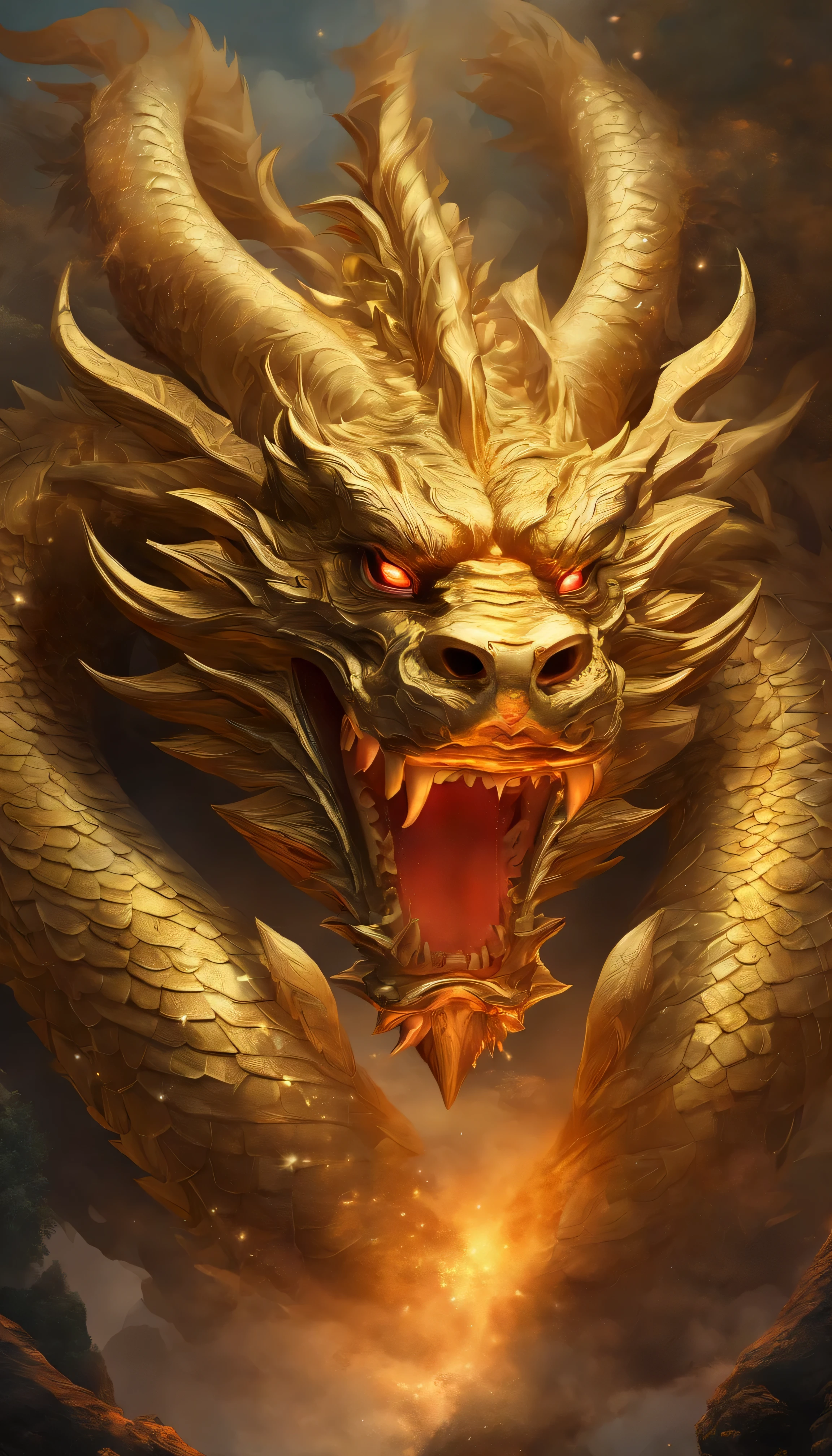 (best quality, high resolution:1.2), (Realistic,fotorrealista:1.37), fundo preto, A Chinese dragon with seven heads emerges from the darkness, Torneira frontal,Olhos vermelhos fracos, detalhes intrincados, ((front view:1.4)), ((Golden:1.4)), ((head shot:1.4))
