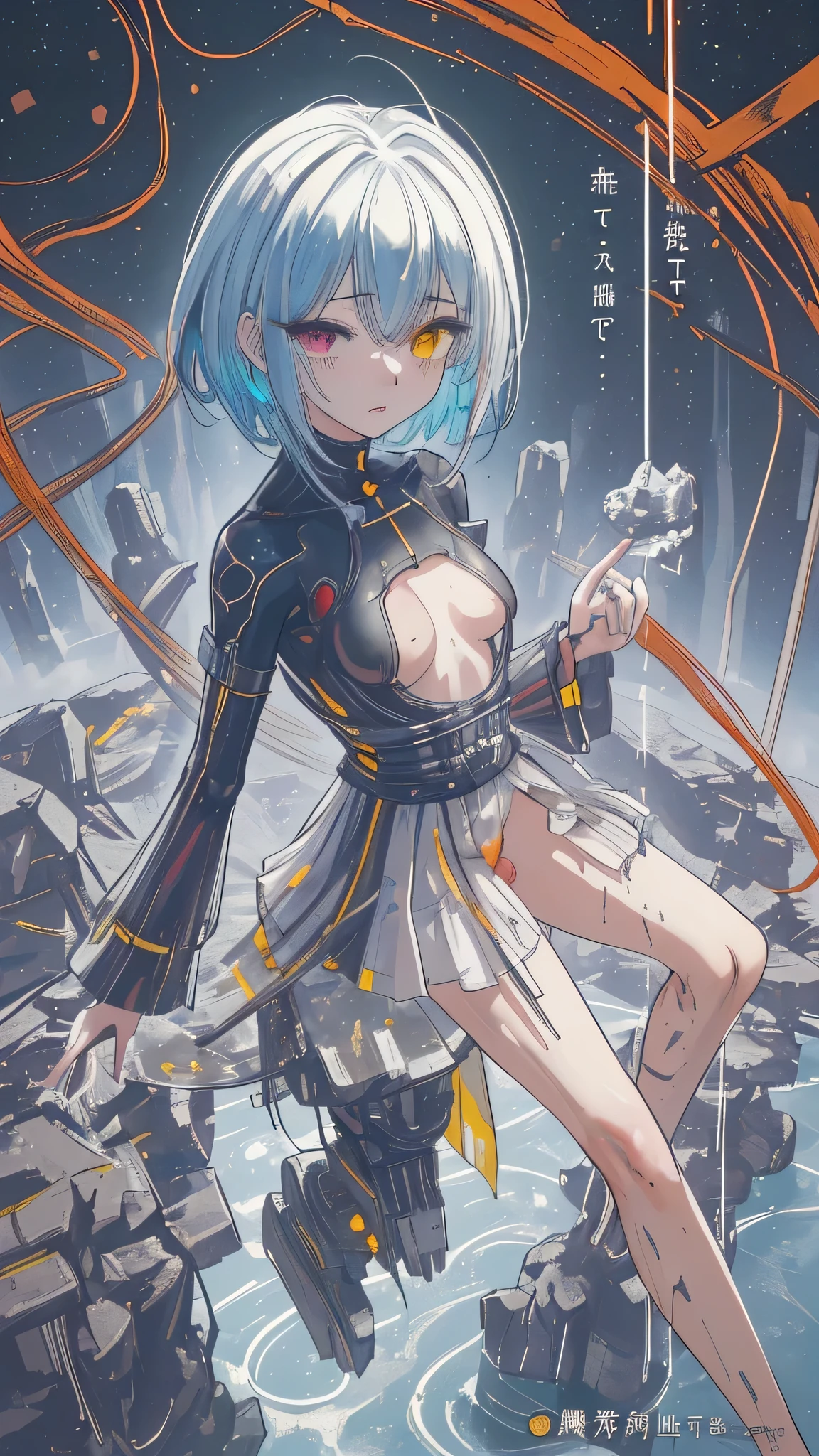 (masterpiece:1.3), (best movie quality), (extremely detailed), (very detailed settings:1), (artistic lighting), (muddy white god々A high-spec lady covered in hot liquid、Name is「Nemo」), short blue haired, (eye+yellow+red:1.4), (multicolored eye+heterochromia), 24-years-old, 「Nemo」inserts a dildo into the vagina between the penises and muddy white god々A liquid is gushing out from the vagina between the penises., I'm excited and my clitoris is sticking out, Beautifully shaped, large breasts and small nipples, wearing cyberpunk clothes, 「Nemo」He is a cutting-edge engineer in scientific research in the ultra-future world of 3600, when science and technology have advanced. (The robots around me are the best masterpieces), (After the end of World War VI、There are very few surviving humans、「Nemo」looks at the man、White god with mud from the female genitals々Fresh liquid overflows), (「Nemo」Instead of getting stronger by inserting a dildo into the vagina、I always climax and squirt),(lewd), (「Nemo」A thick white mess comes out of the female genitals of々The new liquid is、It smells very good and is sweet like honey.、It has the power to heal wounds、「Nemo」can be freely manipulated),