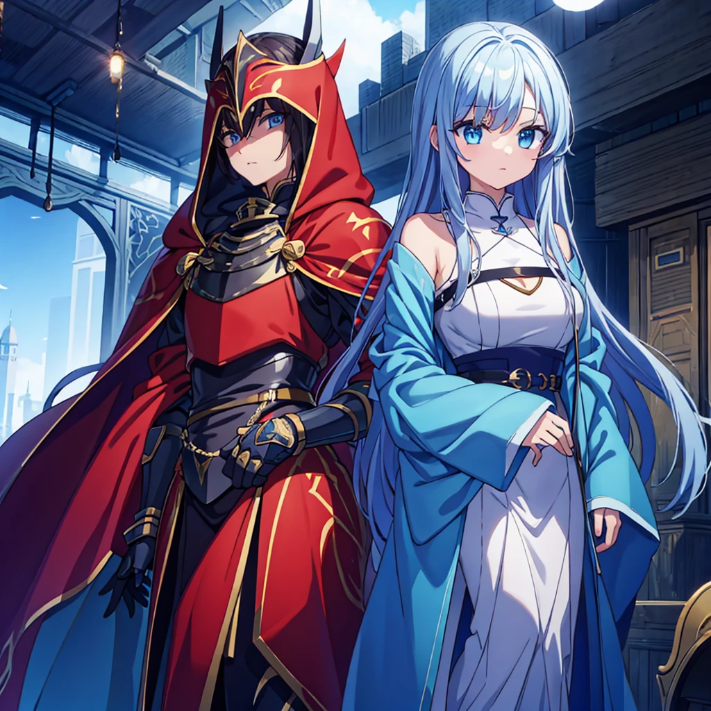(masterpiece)、(highest quality)、(One male、Armor Knight、metal texture、red cloak)、(One female、Blue muffler、blue cloak、Completely naked)