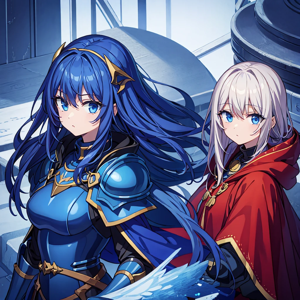 (masterpiece)、(highest quality)、(One male、Armor Knight、metal texture、red cloak)、(One female、Blue muffler、blue cloak、Completely naked)