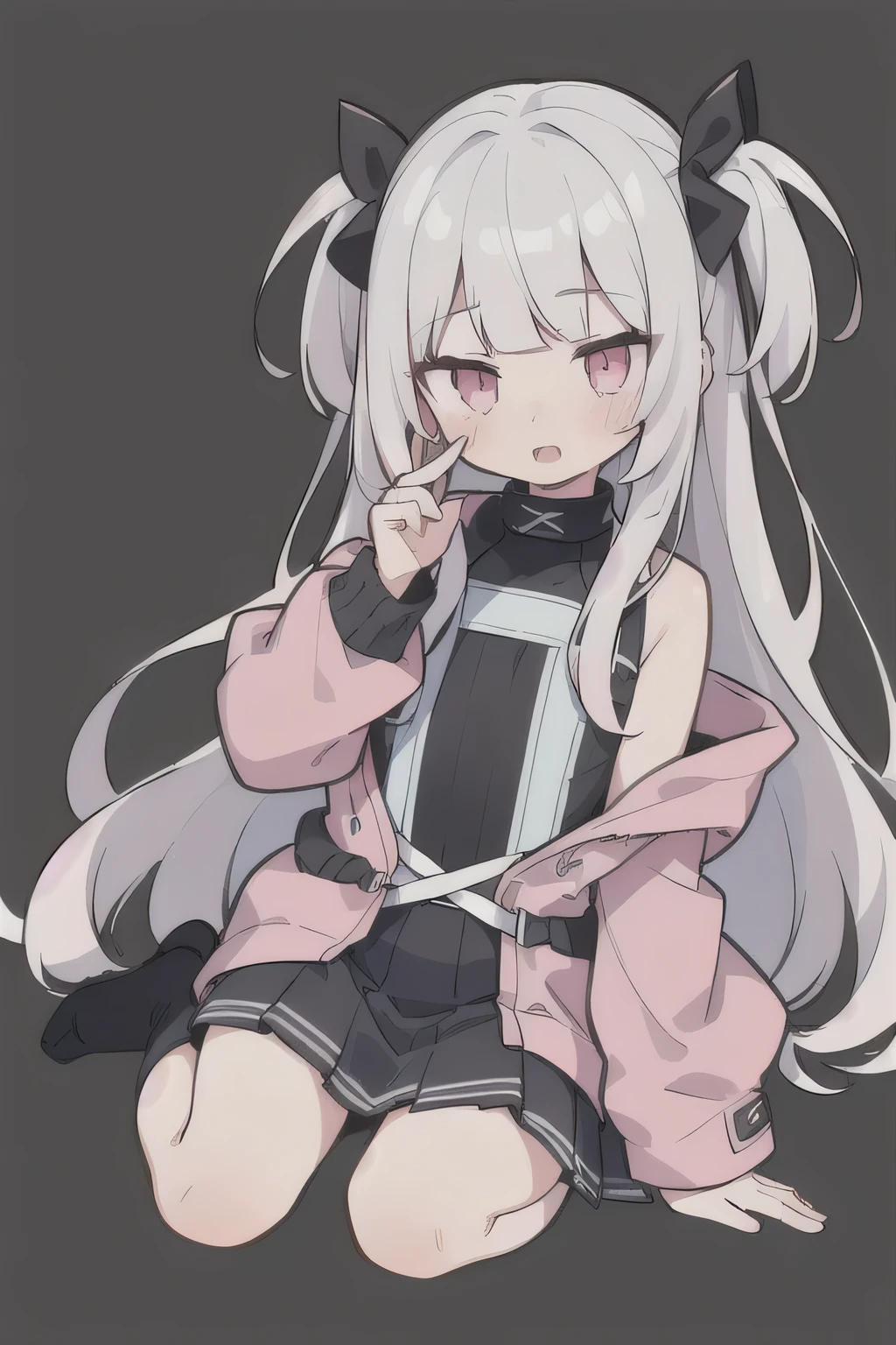 Pueros face_V1:0.24, highest quality, realistic, 8K, High resolution, 1 girl, 16 year old girl, (skin dents), (portrait), ((simple background:1.62)), full color, ((round chest,uniform,pleated skirt,oversized outerwear,colorful blouson)), look straight at the viewer:1.8, (1 girl eyes looking at viewer:1.55), (Long-length hair, silver hair, two side up,straight bangs:1.45,pink eyes), (Bokeh),looking at the viewer,open mouth smile,Shining eyes,cute pose,sparkling eyes,Super high quality,frontal shot,whole body,full body,Super high quality