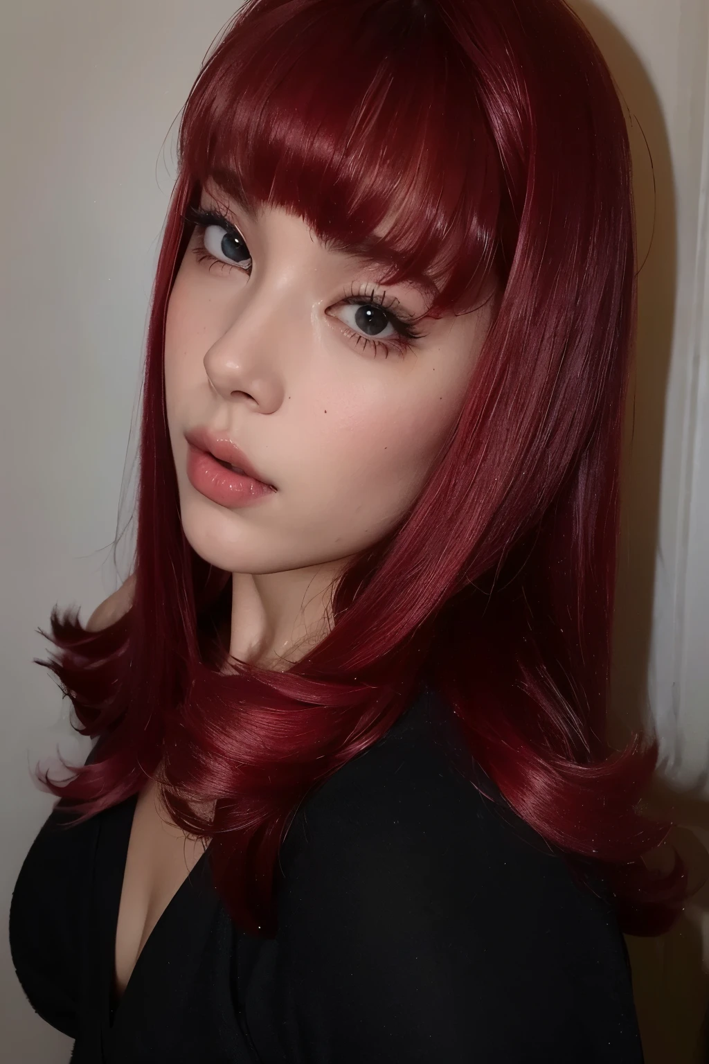 um close de uma mulher com cabelo ruivo e blusa preta, peruca vermelha, cabelo ruivo carmesim e olhos vermelhos, cabelo tingido de vermelho, red crimson cabelo carmesim, cabelo carmesim, red cabelo carmesim, cabelo ruivo vibrante, tom vermelho forte, metallic red, estilo de maquiagem pop, cabelo ruivo brilhante, red hair and attractive features, rosto sexy com maquiagem completa