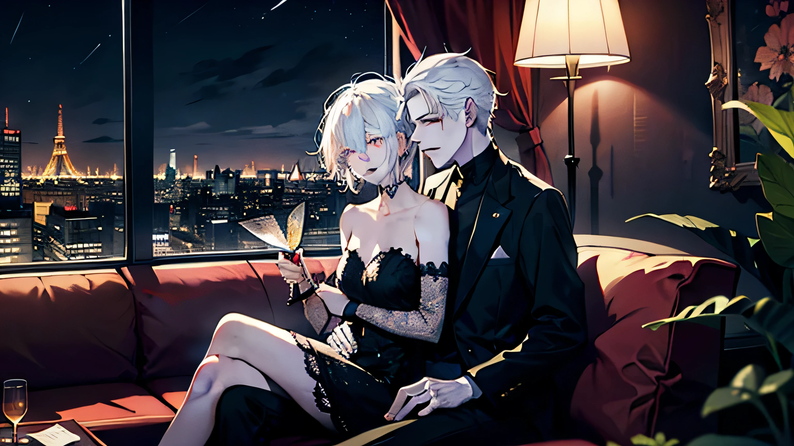 a man,white hair,at the hotel,night,Extreme lighting,Sitting on the sofa drinking,((Embrace left and right:1.7)),There are people around