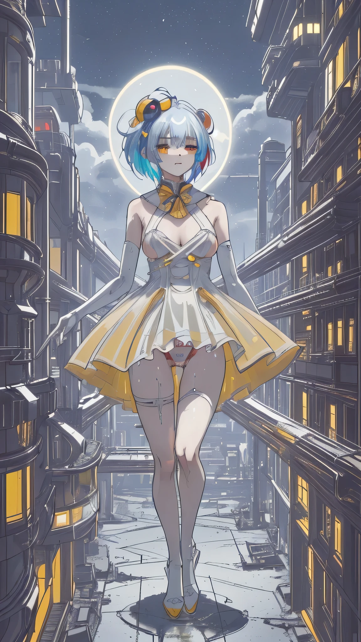 (masterpiece:1.3), (best movie quality), (extremely detailed), (very detailed settings:1), (artistic lighting), (muddy white god々A high-spec lady covered in hot liquid、Name is「Nemo」), short blue haired, (eye+yellow+red:1.4), (multicolored eye+heterochromia), 24-years-old, 「Nemo」inserts a dildo into the vagina between the penises and muddy white god々A liquid is gushing out from the vagina between the penises., I'm excited and my clitoris is sticking out, Beautifully shaped, large breasts and small nipples, wearing cyberpunk clothes, 「Nemo」He is a cutting-edge engineer in scientific research in the ultra-future world of 3600, when science and technology have advanced. (The robots around me are the best masterpieces), (After the end of World War VI、There are very few surviving humans、「Nemo」looks at the man、White god with mud from the female genitals々Fresh liquid overflows), (「Nemo」Instead of getting stronger by inserting a dildo into the vagina、I always climax and squirt),(lewd), (「Nemo」A thick white mess comes out of the female genitals of々The new liquid is、It smells very good and is sweet like honey.、It has the power to heal wounds、「Nemo」can be freely manipulated),
