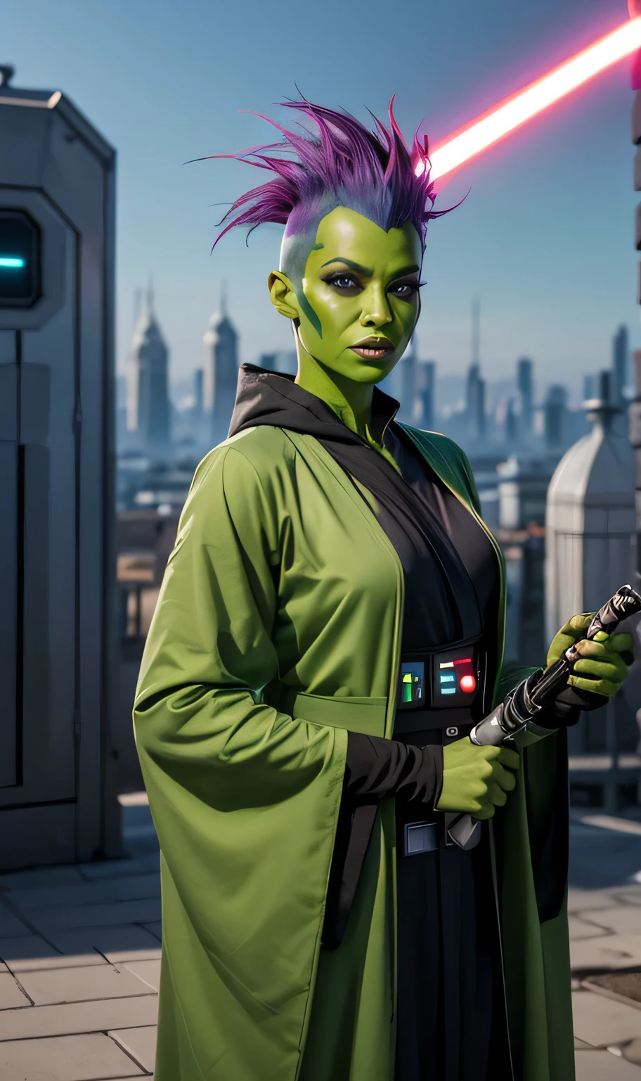 a digital drawing of an alien Jedi woman, wearing Jedi robes, with colorful feathers for hair, punk Mohawk hairstyle, green skin, bald head, with a green lightsaber in her hand, a sci-fi city in the background, 2d art, illustration, Star Wars art, cartoon, concept art