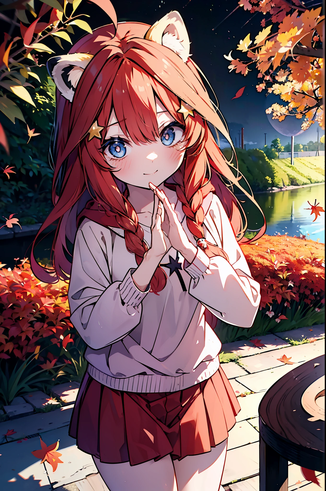 itsukinakano, itsuki nakano, bangs, blue eyes, hair between eyes, Ahoge, redhead, star \(symbol\), short braided hair,hair ornaments, star hair ornaments,smile,blush,animal ears　raccoon ears,animal tail　raccoon tail,Akabuchi Glasses,red hoodie,white long skirt,Cute Sandals,autumn leaves,autumn leavesが散っている,autumn leaves道,whole bodyがイラストに入るように,night,moonlight,moonlight,
break outdoors,garden,
break looking at viewer,whole body,(cowboy shot:1.5),
break (masterpiece:1.2), highest quality, High resolution, unity 8k wallpaper, (shape:0.8), (beautiful deしっぽed eyes:1.6), extremely deしっぽed face, perfect lighting, extremely deしっぽed CG, (perfect hands, perfect anatomy),