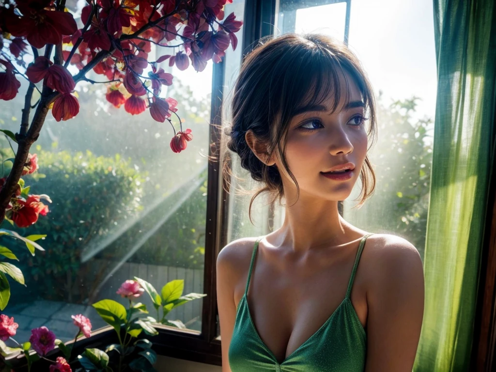 (best quality,4k,8k,highres,masterpiece:1.2),ultra-detailed,(realistic,photorealistic,photo-realistic:1.37),spring morning,sunlight streaming through the window,a girl yawning while opening the curtains,fresh breeze,sweet bird songs,lush garden,delicate cherry blossoms,blooming flowers,green grass,soft rays of sunlight,gentle shadows,dew drops on leaves,morning mist,tranquil atmosphere,calm and serene setting,morning freshness,peaceful start to the day,whispering trees,plentiful sunlight,clear blue sky,warm sunlight filtering through the leaves,crisp morning air,refreshing vibes,relaxing ambiance,quiet chirping of birds,serene and tranquil nature,carefree and joyful mood,pleasurable awakening,bright and cheerful outlook,invigorating start to the day,energizing morning,serene beauty,serene and content expression,sun-kissed skin,subtle color palette,natural beauty.