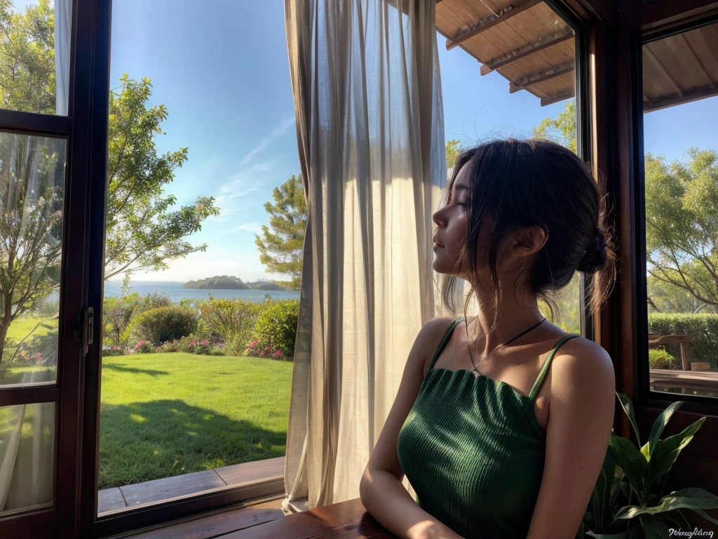 (best quality,4k,8k,highres,masterpiece:1.2),ultra-detailed,(realistic,photorealistic,photo-realistic:1.37),spring morning,sunlight streaming through the window,a girl yawning while opening the curtains,fresh breeze,sweet bird songs,lush garden,delicate cherry blossoms,blooming flowers,green grass,soft rays of sunlight,gentle shadows,dew drops on leaves,morning mist,tranquil atmosphere,calm and serene setting,morning freshness,peaceful start to the day,whispering trees,plentiful sunlight,clear blue sky,warm sunlight filtering through the leaves,crisp morning air,refreshing vibes,relaxing ambiance,quiet chirping of birds,serene and tranquil nature,carefree and joyful mood,pleasurable awakening,bright and cheerful outlook,invigorating start to the day,energizing morning,serene beauty,serene and content expression,sun-kissed skin,subtle color palette,natural beauty.