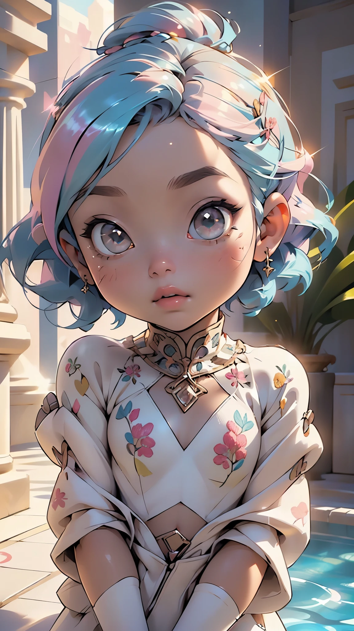 1 girl, two colored hair: pink hair color, blue hair color, gradient, yellow cat eyes, eyeliner, glossy lips, seductive,horns, sparkles, fantasy:1.1, magical effect:1.1, glowify, kawaiitech, pastel colors, kawaii, cute colors,((( girl,tiny body,little,chibi))),(((6 years (1 toddler:1.4))),aby face),(round(((flat chest))),intricate eyes,beautiful detailed eyes,symmetrical eyes,big eyes:1.5,(((lustrous skin:1.5,bright skin: 1.5,skin tanned,shiny skin,very shiny skin,shiny body,plastic glitter skin,exaggerated shiny skin,illuminated skin))),(detailed body,(detailed face)),
cute,nsfw,
♀⚢❤🦄🌷🌈,(((intricate outfit,intricate clothes,embroidered outfit,ornate outfit))),
(dynamic pose:1.0),(centered,scale to fit dimensions,Rule of thirds),
((beautiful bath house made of greek marble and pillars, beautiful clear water in pool)),scenery:1.25,((intricate scenery)),((greek temple background)),
(Glossy greek ornaments),highres,sharp focus,(ultra detailed,extremely detailed),(photorealistic artwork:1.37),(extremely detailed CG unity 8k wallpaper),(((vibrant colors,vibrant theme))),(intricate),(masterpiece),(best quality),artistic photography,(photography taken by sldr),(intricate background),perfect rendered face,perfect face details,realistic face,photo realistic,((intricate detail)),(((realism))),