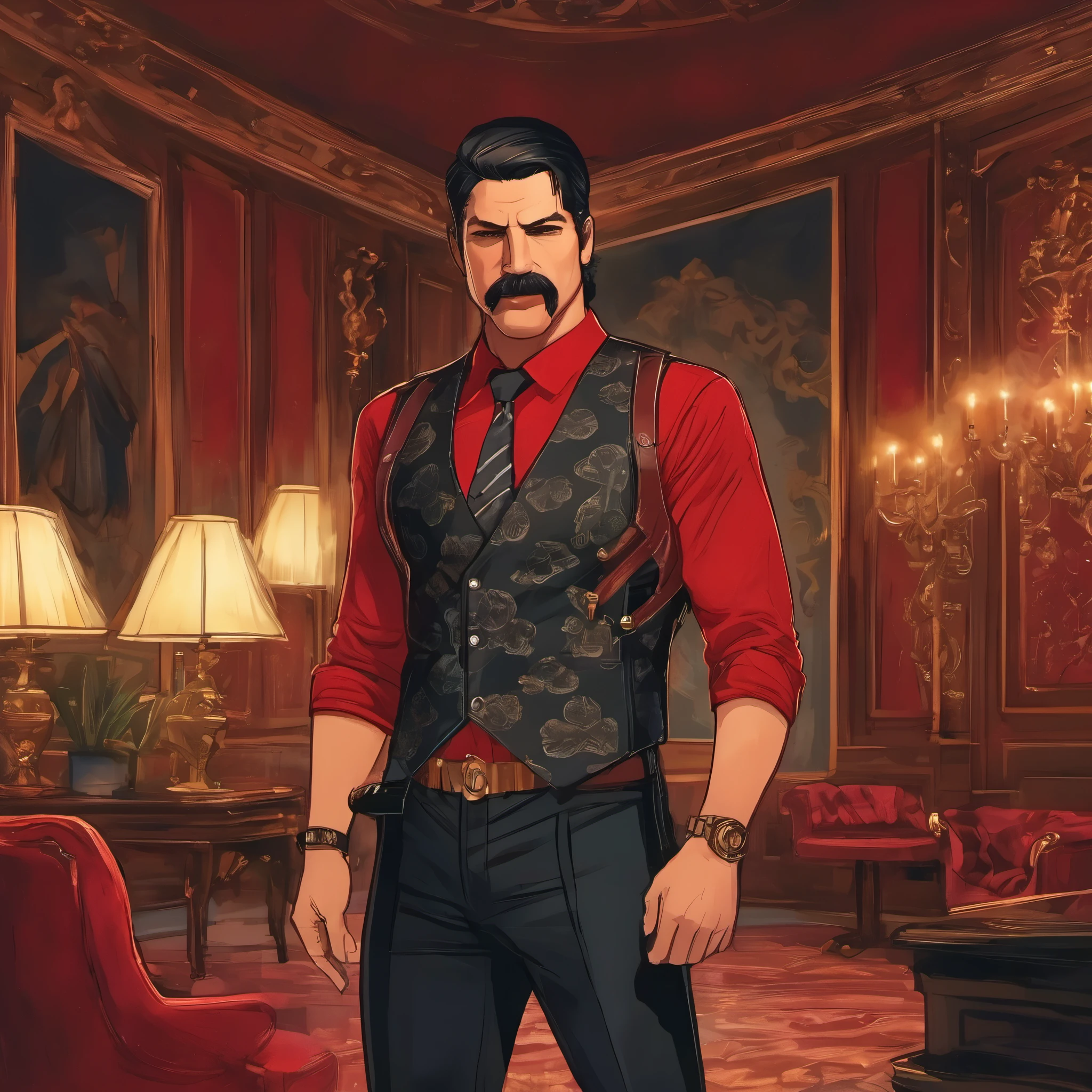 (obra maestra, Mejor calidad:1.2), 1 chico, solo, thenahualli, serious, dangerous man, elegant, elegante, black vest, red shirt, standing, vigilando, actitud vigilante, en mansion de lujo en Los Angeles, mansion de lujo moderna, in a luxury mansion in Los Angeles, at night, de noche