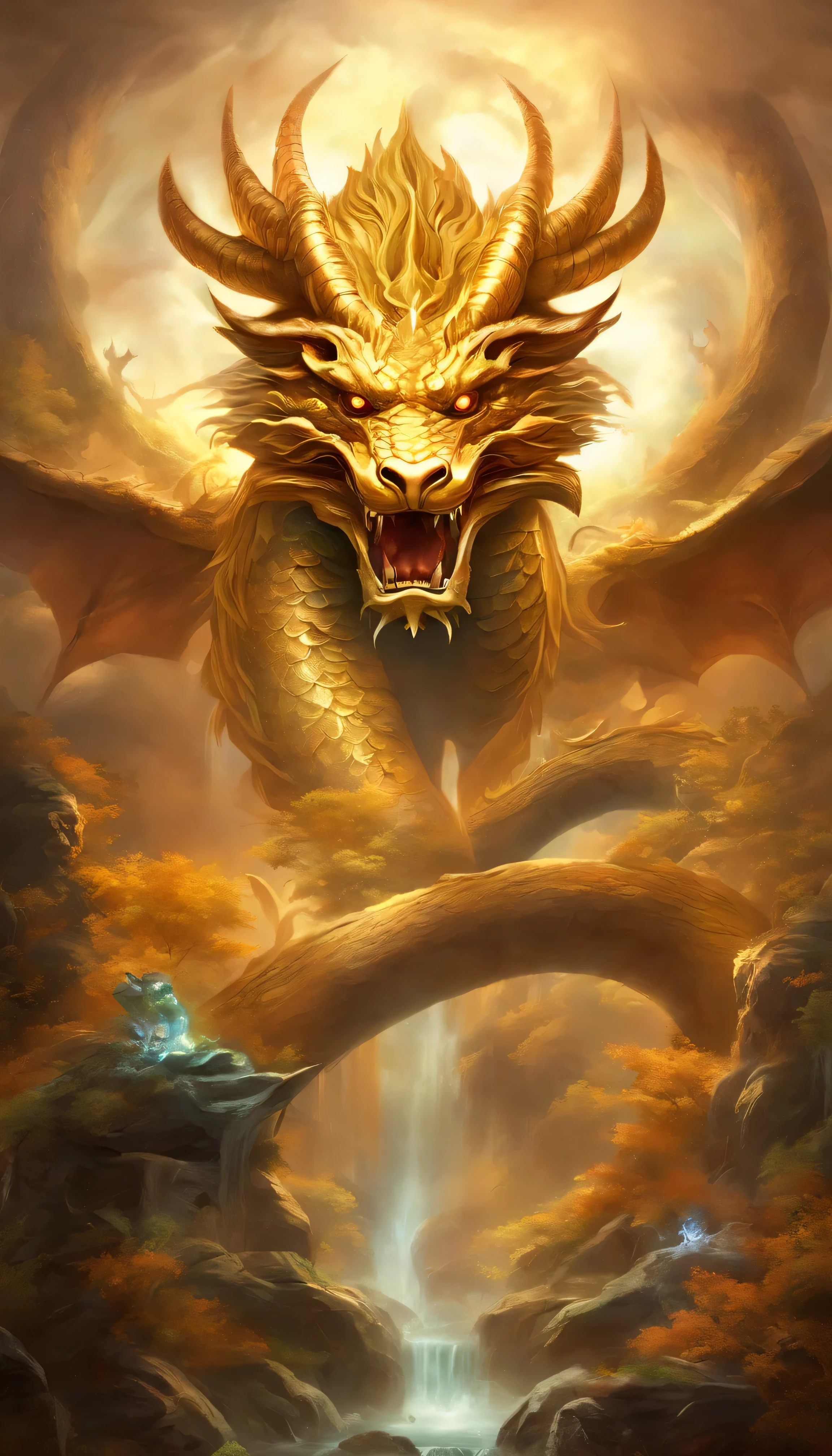 (best quality, high resolution:1.2), (Realistic,fotorrealista:1.37), fundo preto, A Chinese dragon with seven heads emerges from the darkness, Torneira frontal,Olhos vermelhos fracos, detalhes intrincados, ((front view:1.4)), ((Golden:1.4)), ((head shot:1.4))