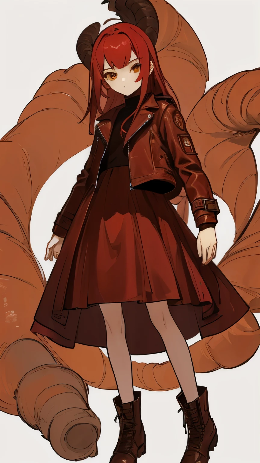 The girl now grows into a young adult of ., genera un dibujo de una adolescente demonio con pelo corto rojo y cuernos en espiral rojos, fifteen year old marillos, con un vestido largo de tiras en los hombros, sin mangas el vestido y de color rojo, vestido simple de fuego, under a short open light brown leather jacket, chaqueta corta, brown leather jacket, imagen de cuerpo entero, zapatillas griegas, zapatillas romanas,