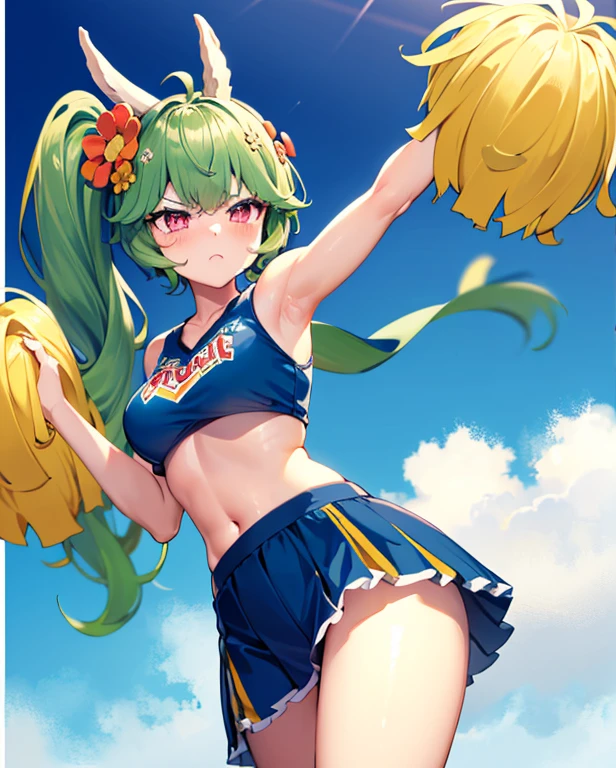 masterpiece,best quality,1girl,mayreel,alpaca ears,green hair,pink eyes,green hair,side ponytail,hair ornament,flower,long hair,light frown,tsundere, (Cheerleader outfit),happy,single