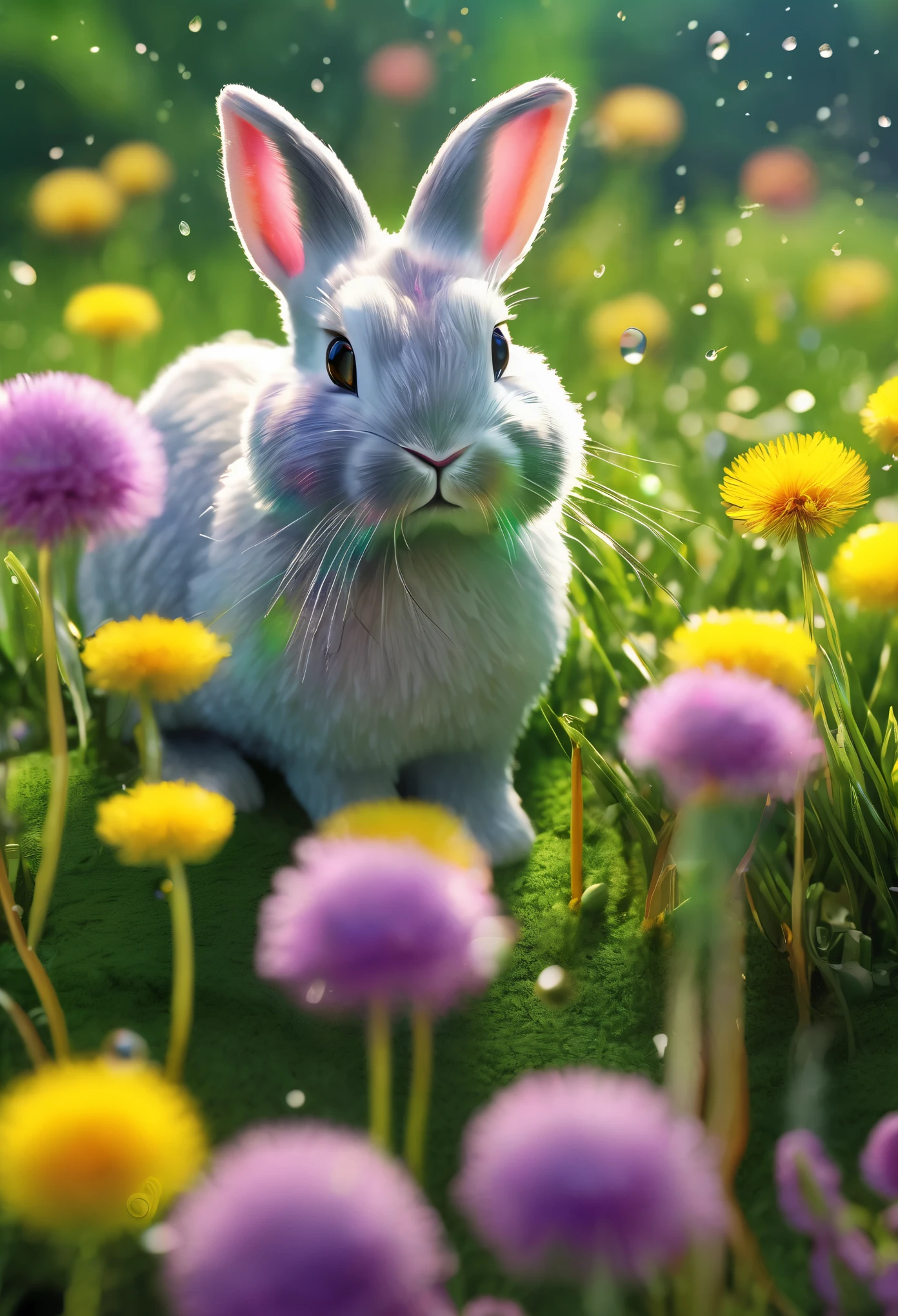 (best quality,4k,8k,highres,masterpiece:1.2),ultra-detailed,(realistic,photorealistic,photo-realistic:1.37),crystalline bunny,detailed eyes and face,blown glass dandelions,colorful spring morning [illustration, vivid colors],bright sunlight,lush green grass,delicate flower petals,glistening dewdrops,playful and whimsical atmosphere,shimmering glass reflections,crisp and clear details,captivating and immersive scene,meticulous attention to textures,beautifully crafted bunny sculpture,subtle pastel shades,finely crafted dandelion seeds,frosted glass elements,warm and inviting ambiance,happy and lively atmosphere,as if brought to life by magic,fantastical and enchanting setting,sparkling and vibrant colors,evokes a sense of joy and wonderment,endearing and delightful artwork