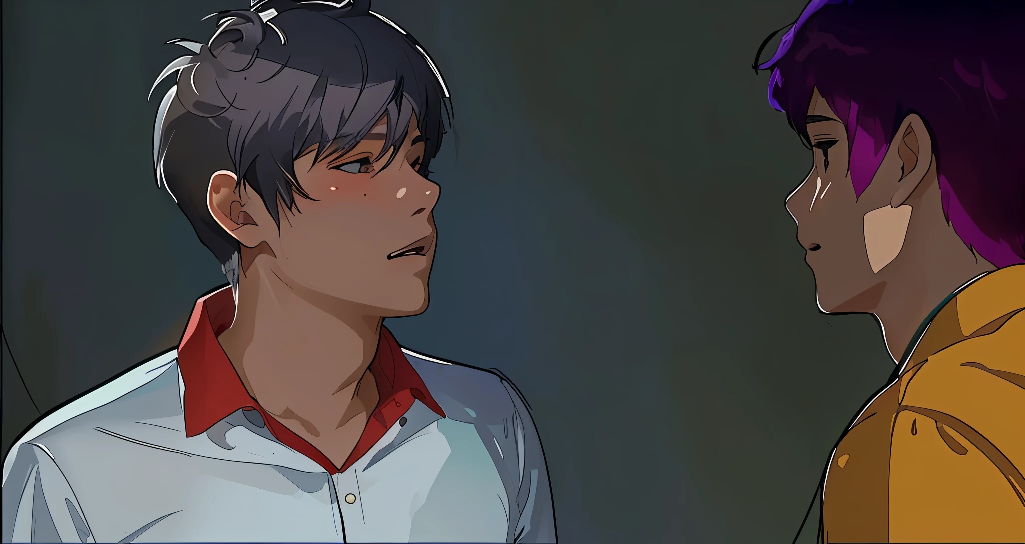 there are two cute boys, uno de cabello gris y el otro de cabello morado estan discutiendo esta discgustados