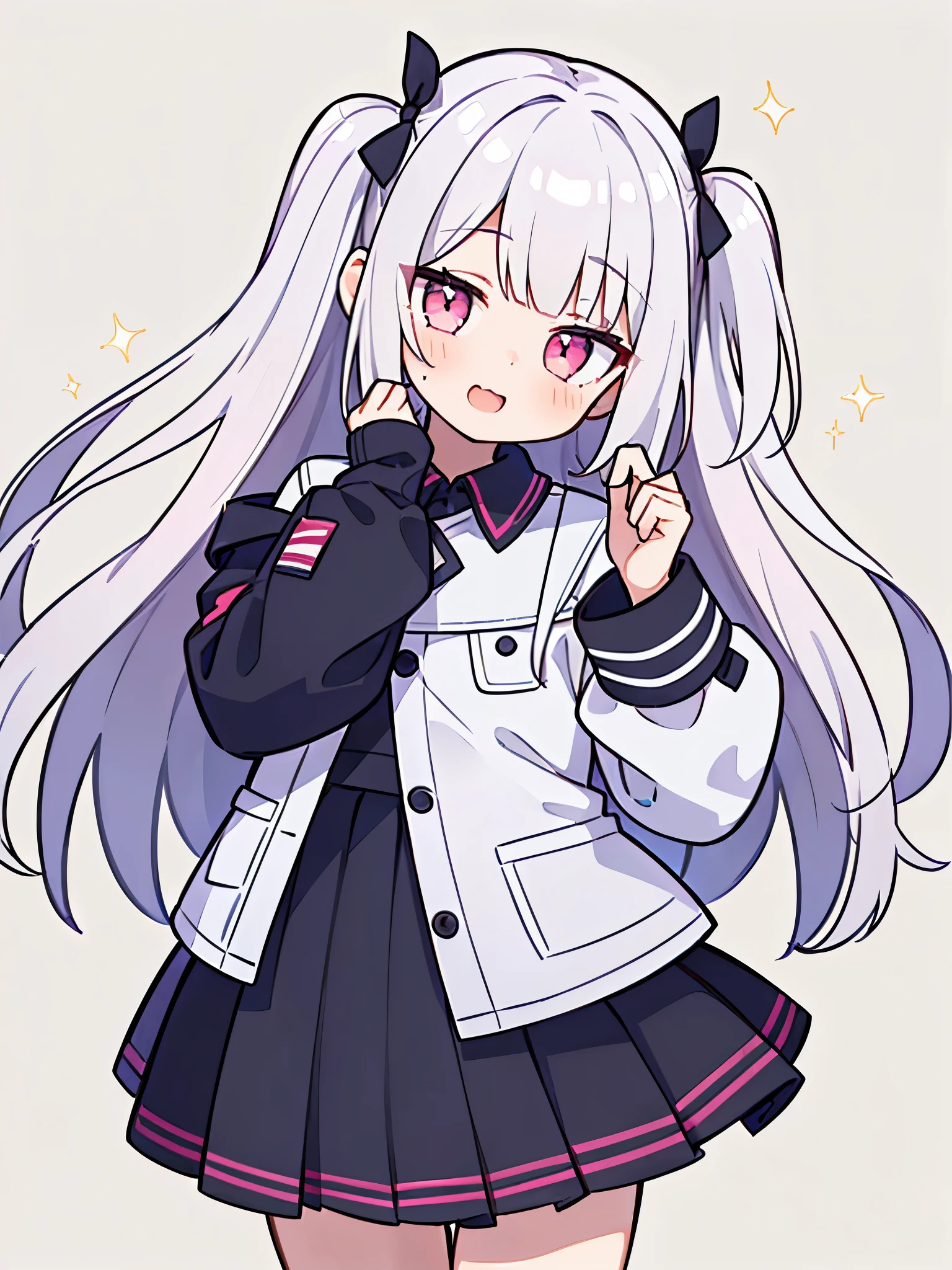 Pueros face_V1:0.24, highest quality, realistic, 8K, High resolution, 1 girl, 16 year old girl, (skin dents), (portrait), ((simple background:1.62)), full color, ((round chest,uniform,pleated skirt,oversized outerwear,colorful blouson)), look straight at the viewer:1.8, (1 girl eyes looking at viewer:1.55), (Long-length hair, silver hair, two side up,straight bangs:1.45,pink eyes), (Bokeh),looking at the viewer,open mouth smile,Shining eyes,cute pose,sparkling eyes,Super high quality,frontal shot,whole body,full body,Super high quality