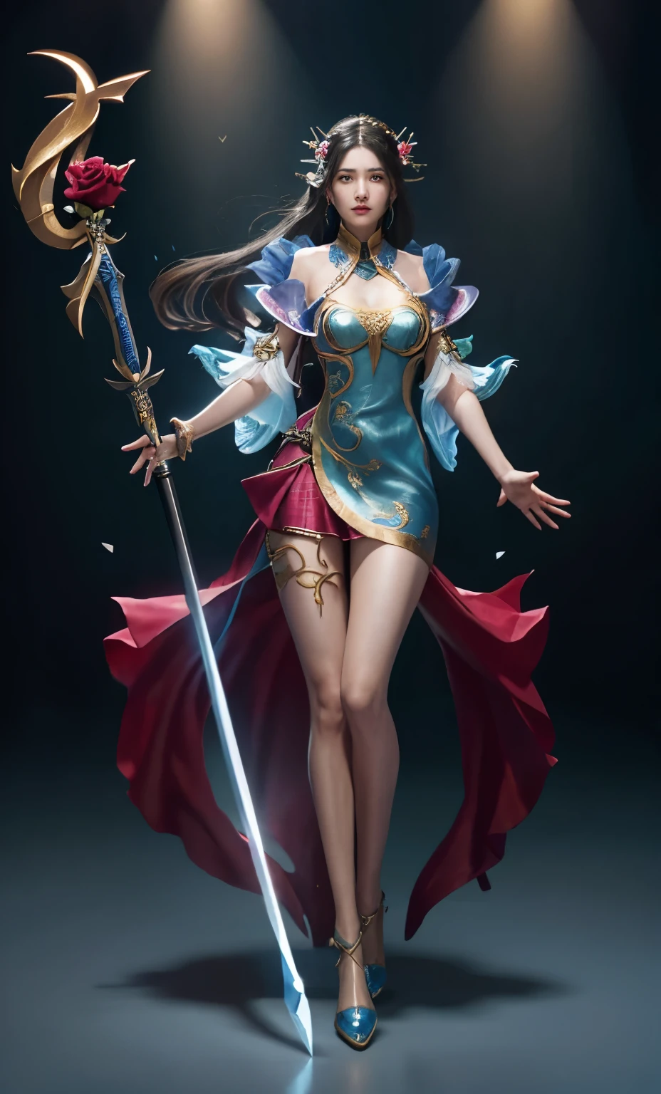 A woman in a blue dress holds a sword and a rose, full-body xianxia, Beautiful full body concept art, A complete portrait of the Elementalists, Epic and beautiful character art, Kushatt Krenz Key Art Women&#39;s Clothing, Beautiful celestial mage, Very detailed artgerm, artgerm on artstation pixiv, Detailed full body concept