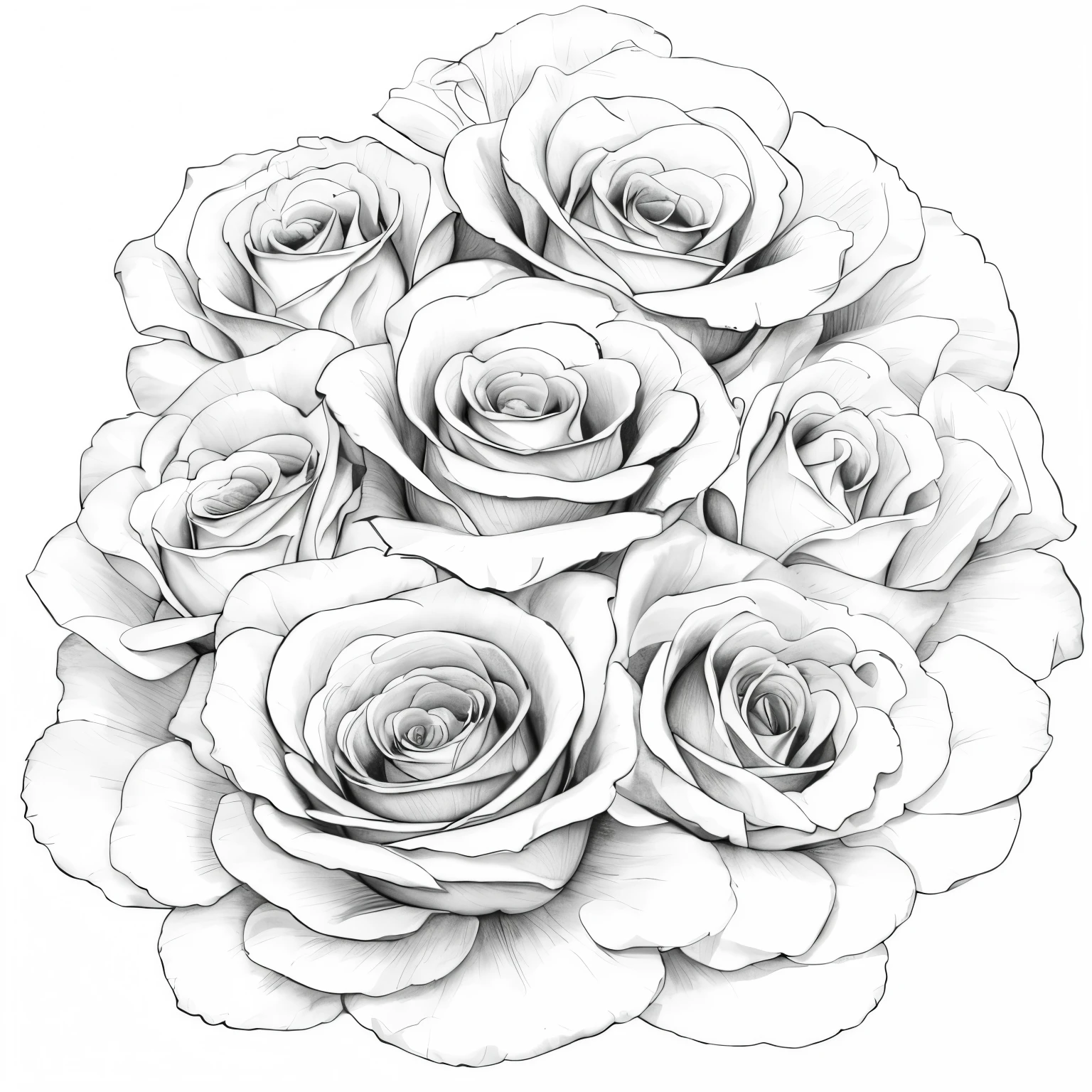a drawing of a bunch of roses with a white background, detailed flowers, roses, perfect pen and ink line art, black and white detailed sketch, highly detailed linework, flowers with intricate detail, black and white color only, sketch black and white colors, extremely fine ink lineart, decorative roses, realistic black and white, โ๏ธ๐จ, outline art