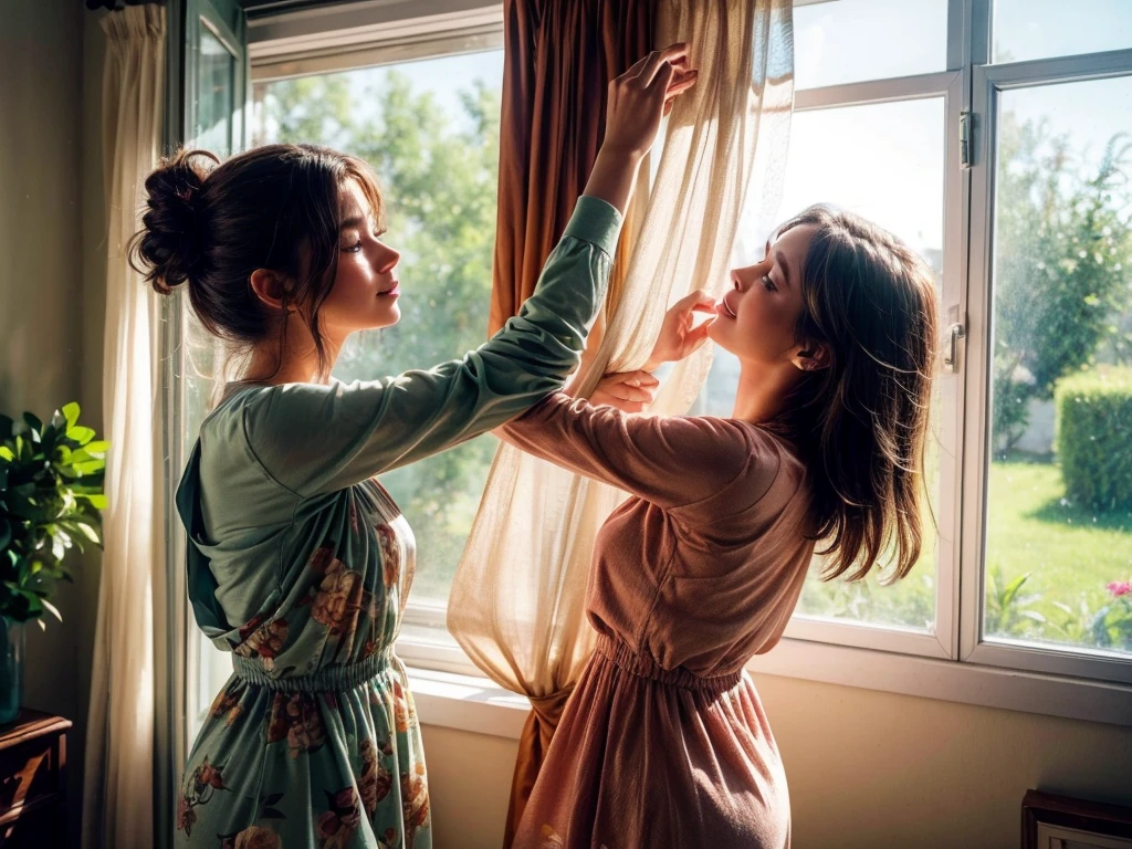 (best quality,4k,8k,highres,masterpiece:1.2),ultra-detailed,(realistic,photorealistic,photo-realistic:1.37),spring morning,sunlight streaming through the window,a girl yawning while opening the curtains,fresh breeze,sweet bird songs,lush garden,delicate cherry blossoms,blooming flowers,green grass,soft rays of sunlight,gentle shadows,dew drops on leaves,morning mist,tranquil atmosphere,calm and serene setting,morning freshness,peaceful start to the day,whispering trees,plentiful sunlight,clear blue sky,warm sunlight filtering through the leaves,crisp morning air,refreshing vibes,relaxing ambiance,quiet chirping of birds,serene and tranquil nature,carefree and joyful mood,pleasurable awakening,bright and cheerful outlook,invigorating start to the day,energizing morning,serene beauty,serene and content expression,sun-kissed skin,subtle color palette,natural beauty.