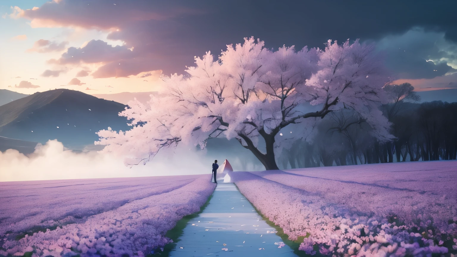 (((masterpiece))), ((super fine, 16k)), sunrise, light powder, cherry blossom petals filling the field of vision, dancing spring storm, (wind, wind-effect), first spring wind, spring morning