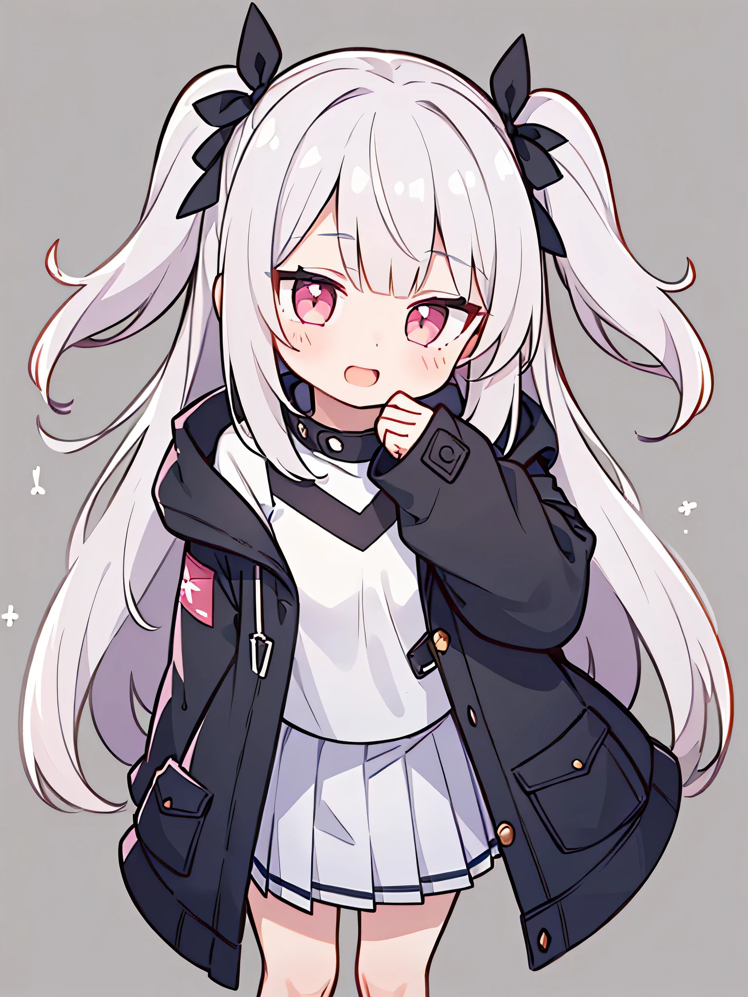 Pueros face_V1:0.24, highest quality, realistic, 8K, High resolution, 1 girl, 16 year old girl, (skin dents), (portrait), ((simple background:1.62)), full color, ((round chest,uniform,pleated skirt,oversized outerwear,colorful blouson)), look straight at the viewer:1.8, (1 girl eyes looking at viewer:1.55), (Long-length hair, silver hair, two side up,straight bangs:1.45,pink eyes), (Bokeh),looking at the viewer,open mouth smile,Shining eyes,cute pose,sparkling eyes,Super high quality,frontal shot,whole body,full body,Super high quality
