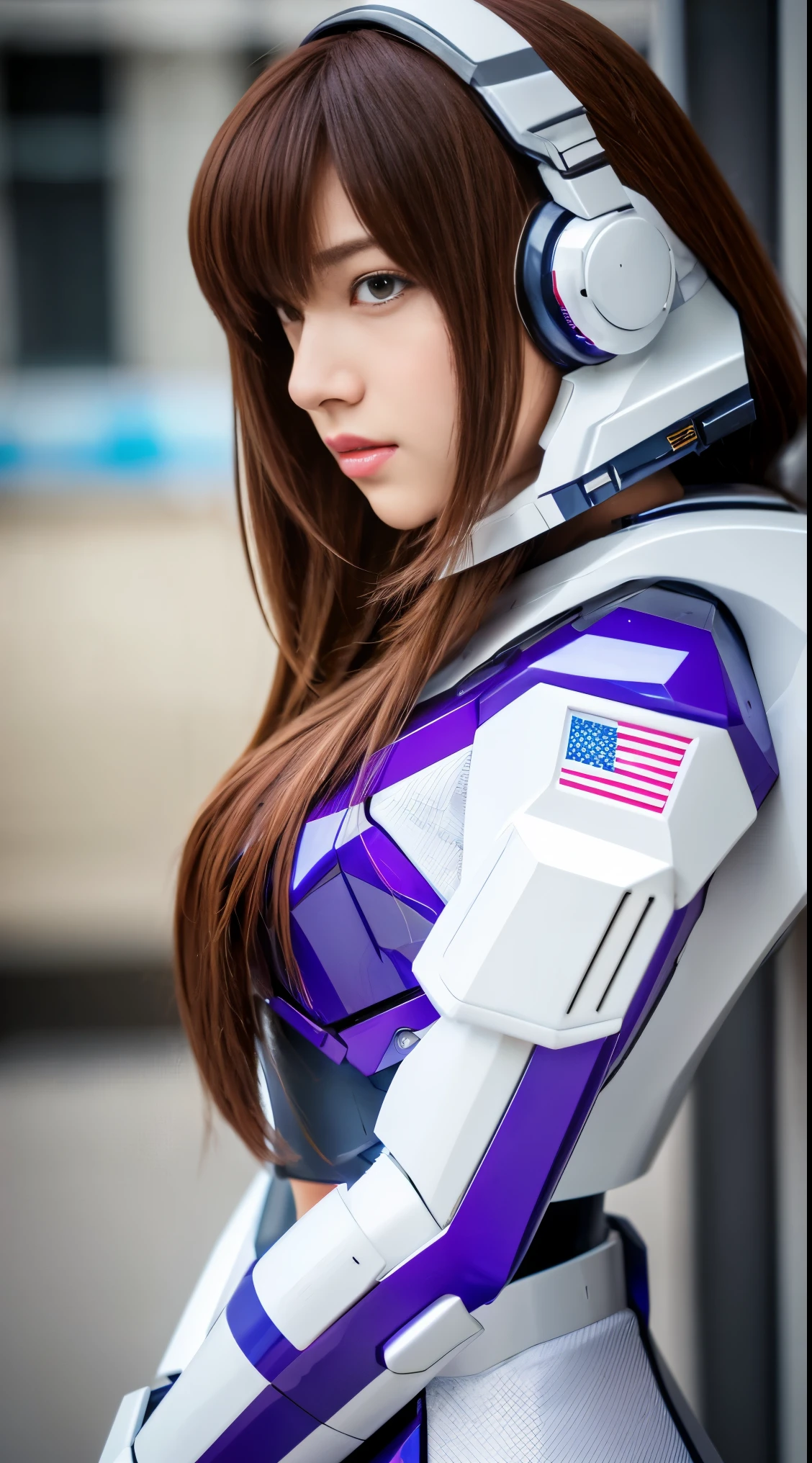 RAW, Masterpiece, Ultra Fine Photo,, Best Quality, Ultra High Resolution, Photorealistic, Sunlight, Full Body Portrait, Stunningly Beautiful,, Dynamic Poses, Delicate Face, Vibrant Eyes, (Side View) a close up of a woman in a pink and white gundam custume, dybamic pose, long brown very very very long long hair rapunzel, girl in mecha cyber armor, portrait armored astronaut girl, d. va from overwatch, female mecha, on a gundam, gundam head, chiho aoshima color scheme, mobile suit, streamlined purple armor, fully robotic!! girl, realistic cosplay, gundam armor (dynamic pose) (best cameraview), full body, sit down